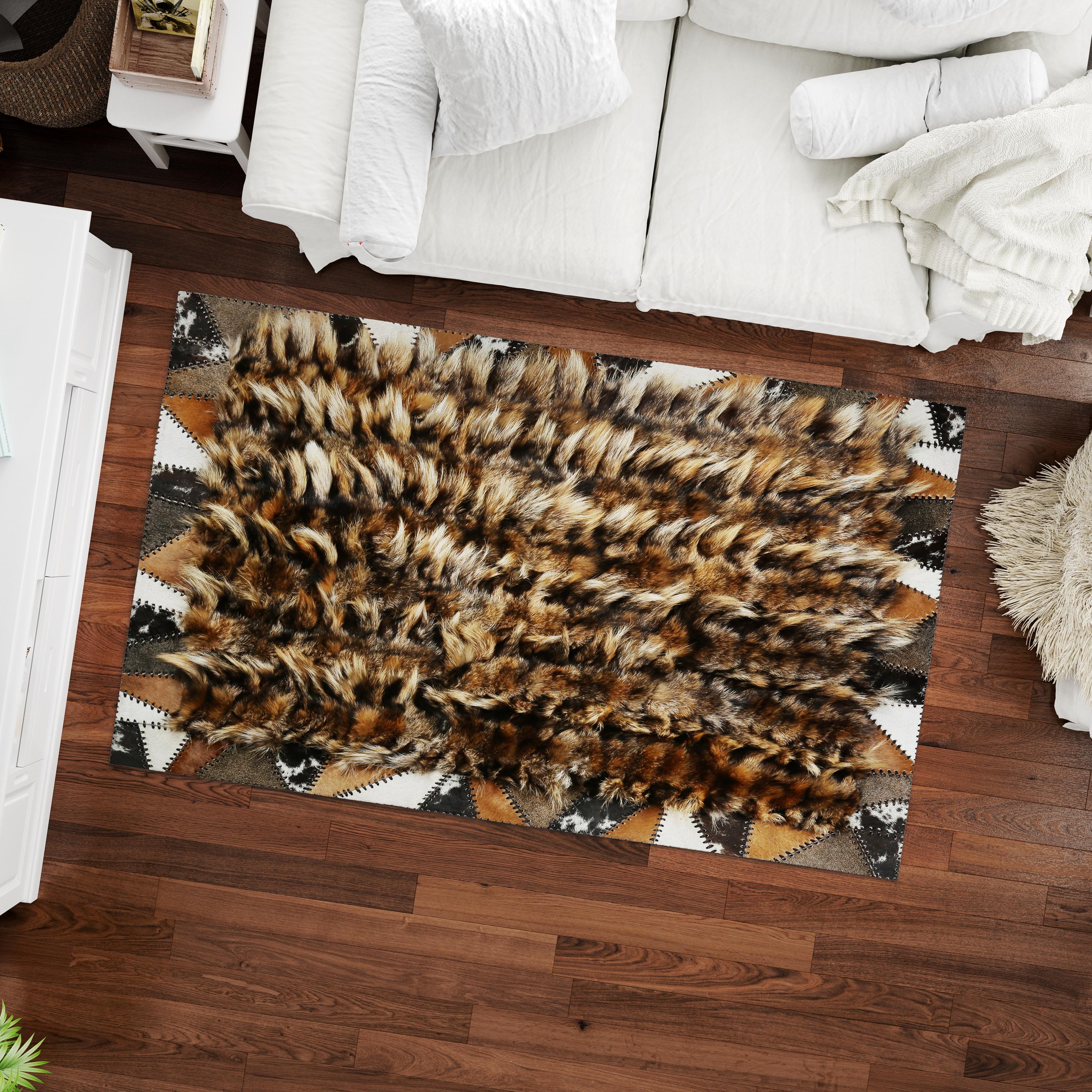 Siyah Kahverengi Patchwork Tilki Kürkü Halı – El Yapımı Doğal Kürk Salon Halısı