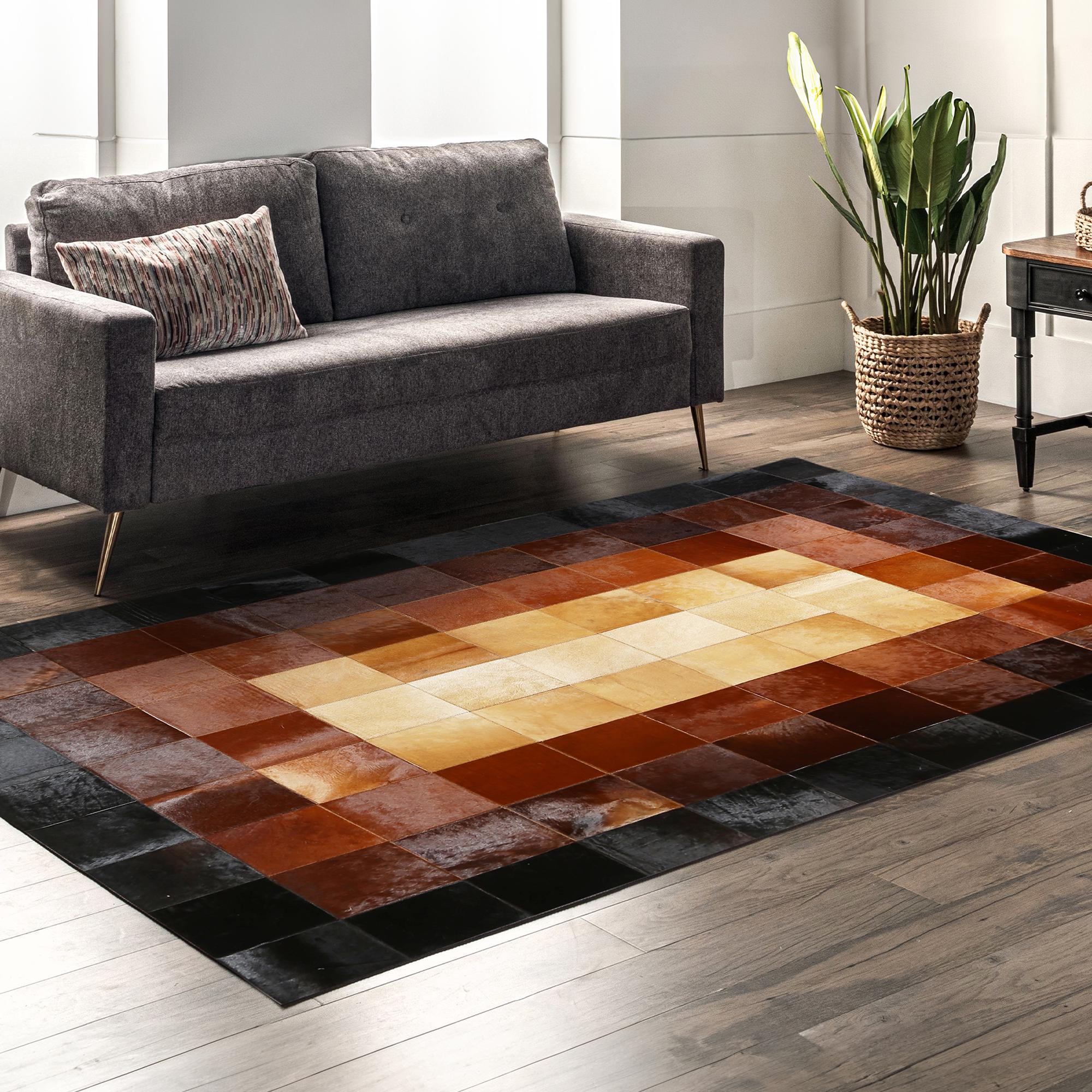 Siyah Kahverengi Dana Derisi Patchwork Halı – El Yapımı Hakiki Deri Lüks Mutfak Halısı