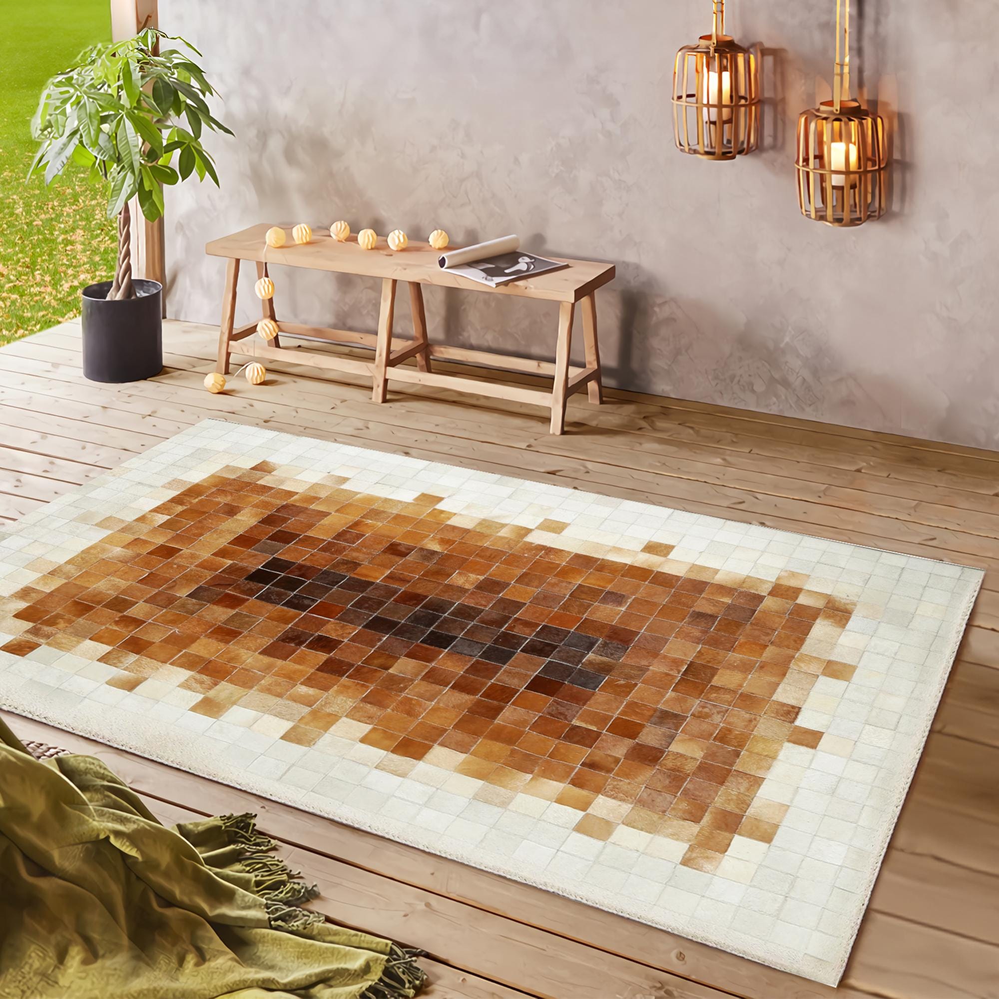Kahverengi Krem Doğal Dana Derisi Patchwork Halı – El Yapımı Hakiki Deri Dekoratif Giriş Halısı
