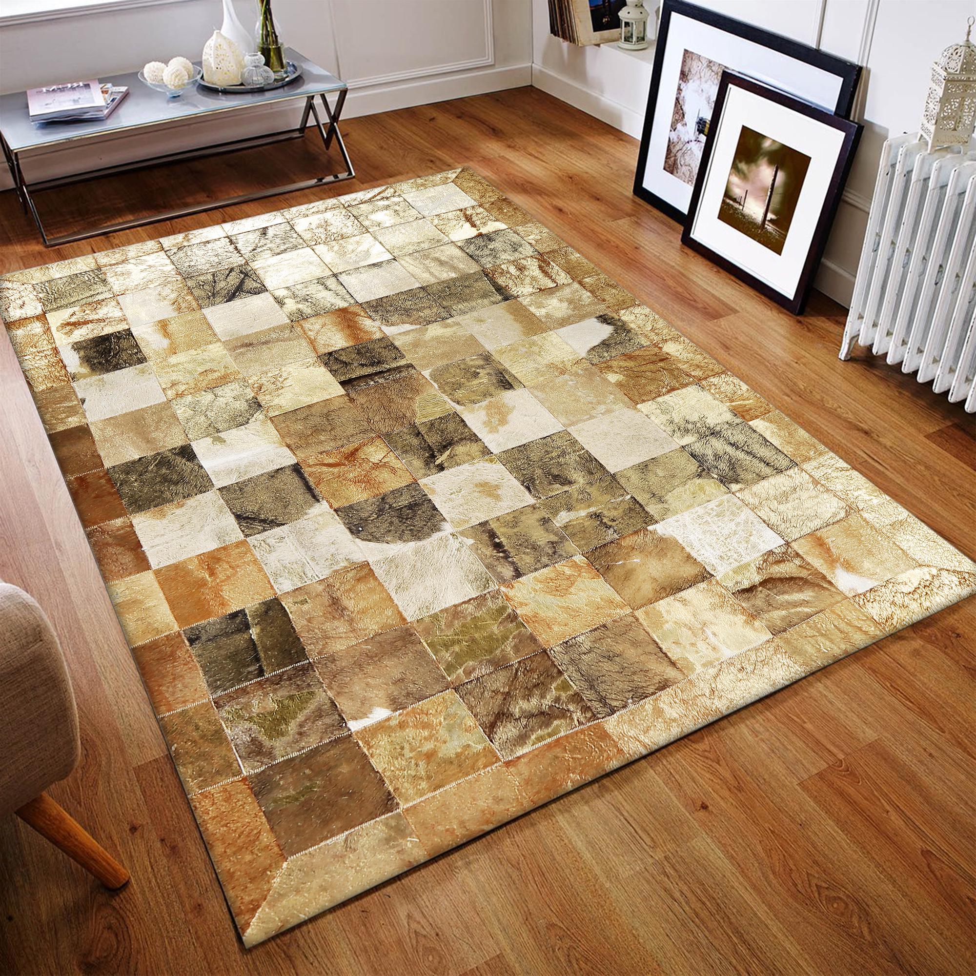 Altın Kahverengi Dana Derisi Patchwork Halı – El Dokuma Hakiki Deri Lüks Ev Dekorasyonu Halısı
