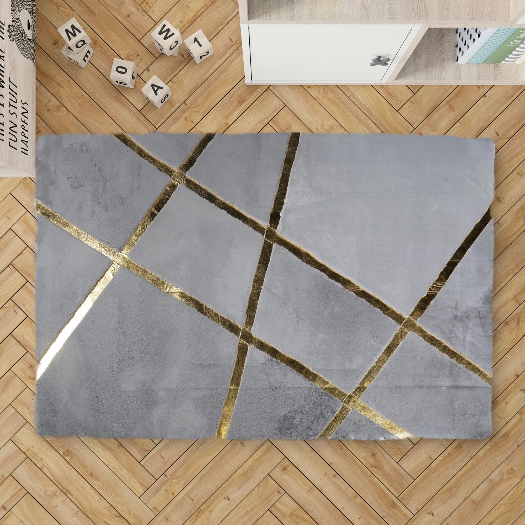 Gri Altın Çizgili Peluş Halı – Modern Geometrik Tasarımlı, Yumuşak Dokulu, Kaymaz Tabanlı Salon ve Koridor Halısı