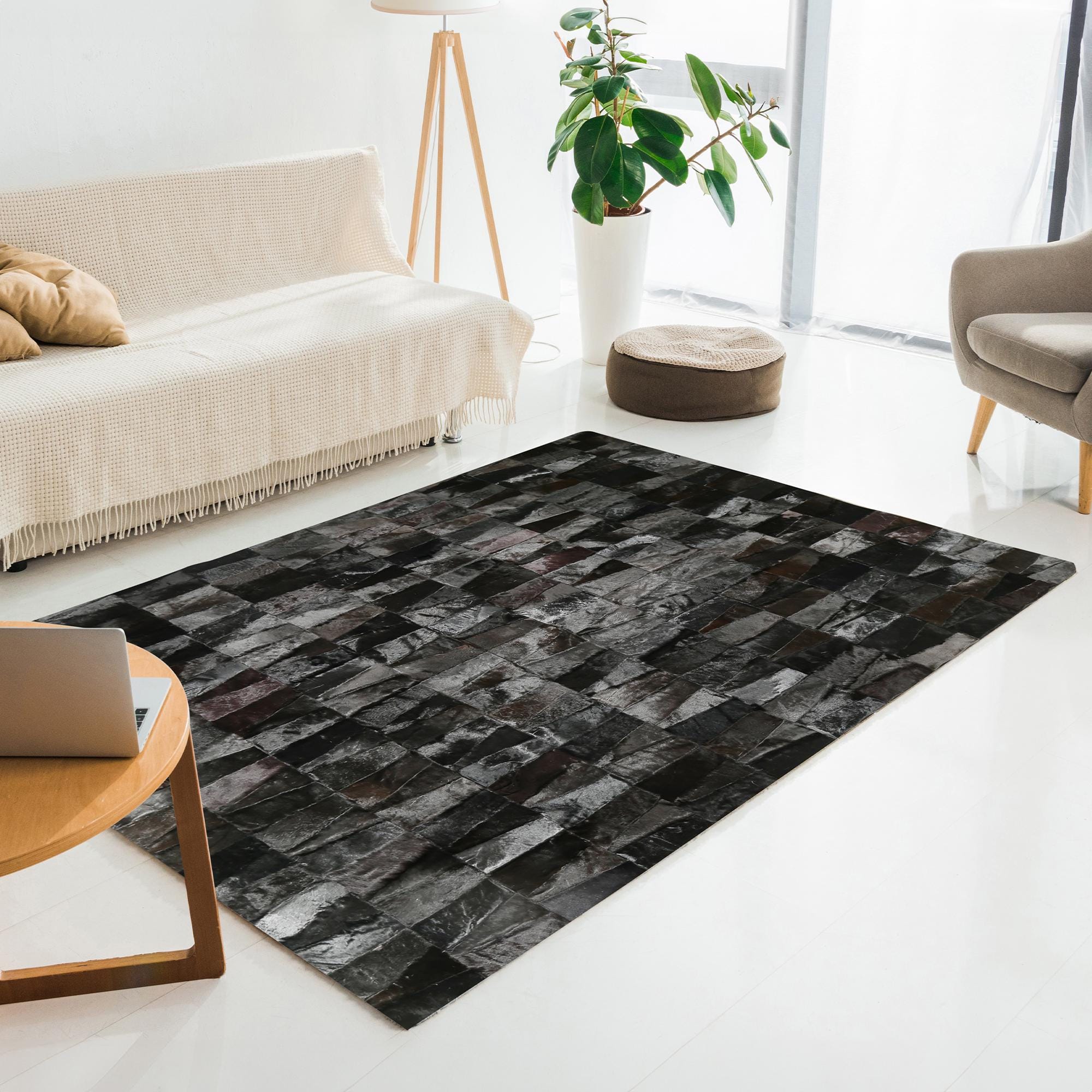 Doğal Siyah Gerçek Kürk Patchwork Halı