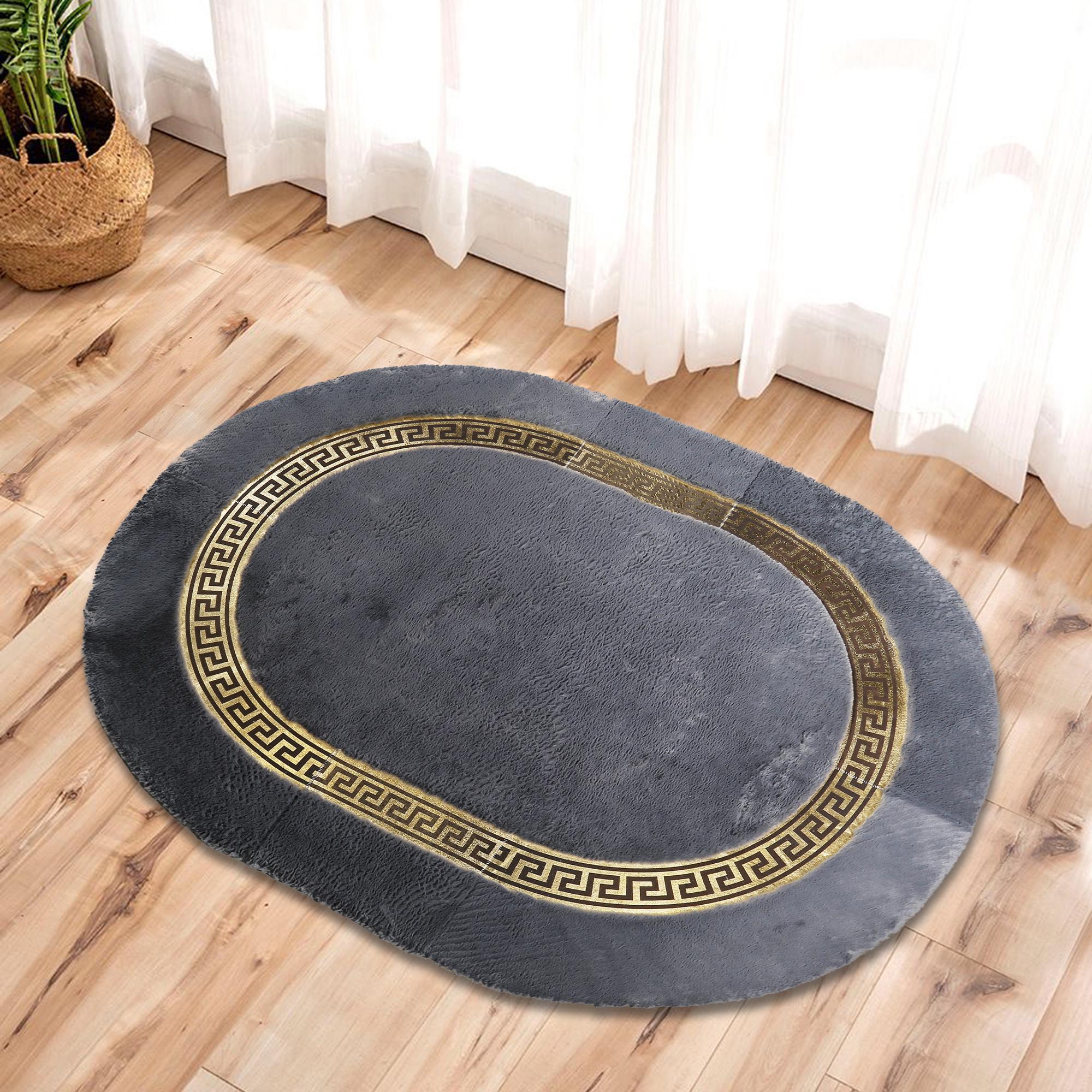 Gri Oval Altın Bordürlü Peluş Halı – Yumuşak Dokulu, Modern Tasarımlı, Kaymaz Tabanlı Salon, Koridor ve Yatak Odası Halısı