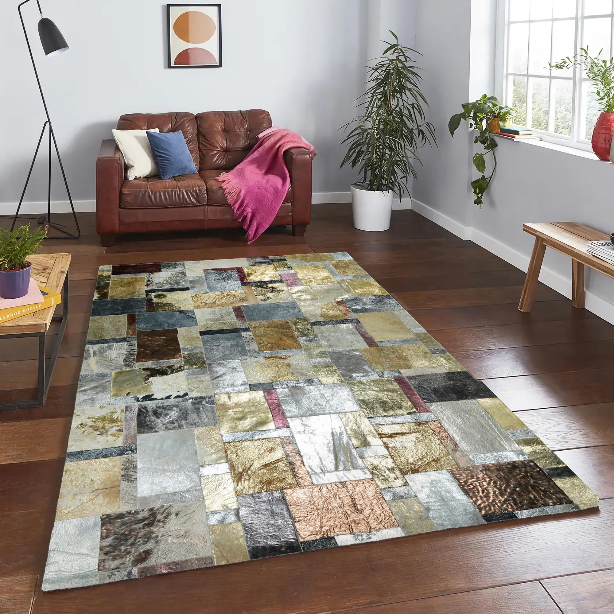 Altın Gümüş Renkli Dana Derisi Patchwork Halı – El Dokuma Gerçek Deri Dekoratif Giriş Halısı