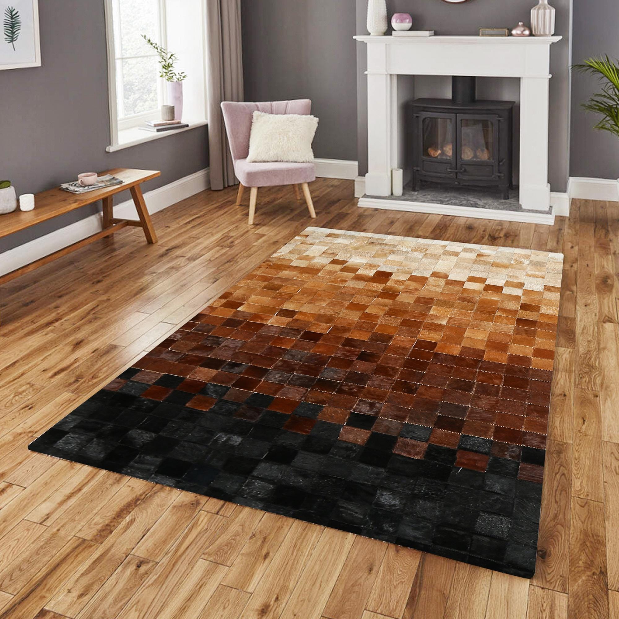 Kahverengi Bej Dana Derisi Patchwork Halı – El Dokuma Gerçek Deri Şık Koridor Halısı