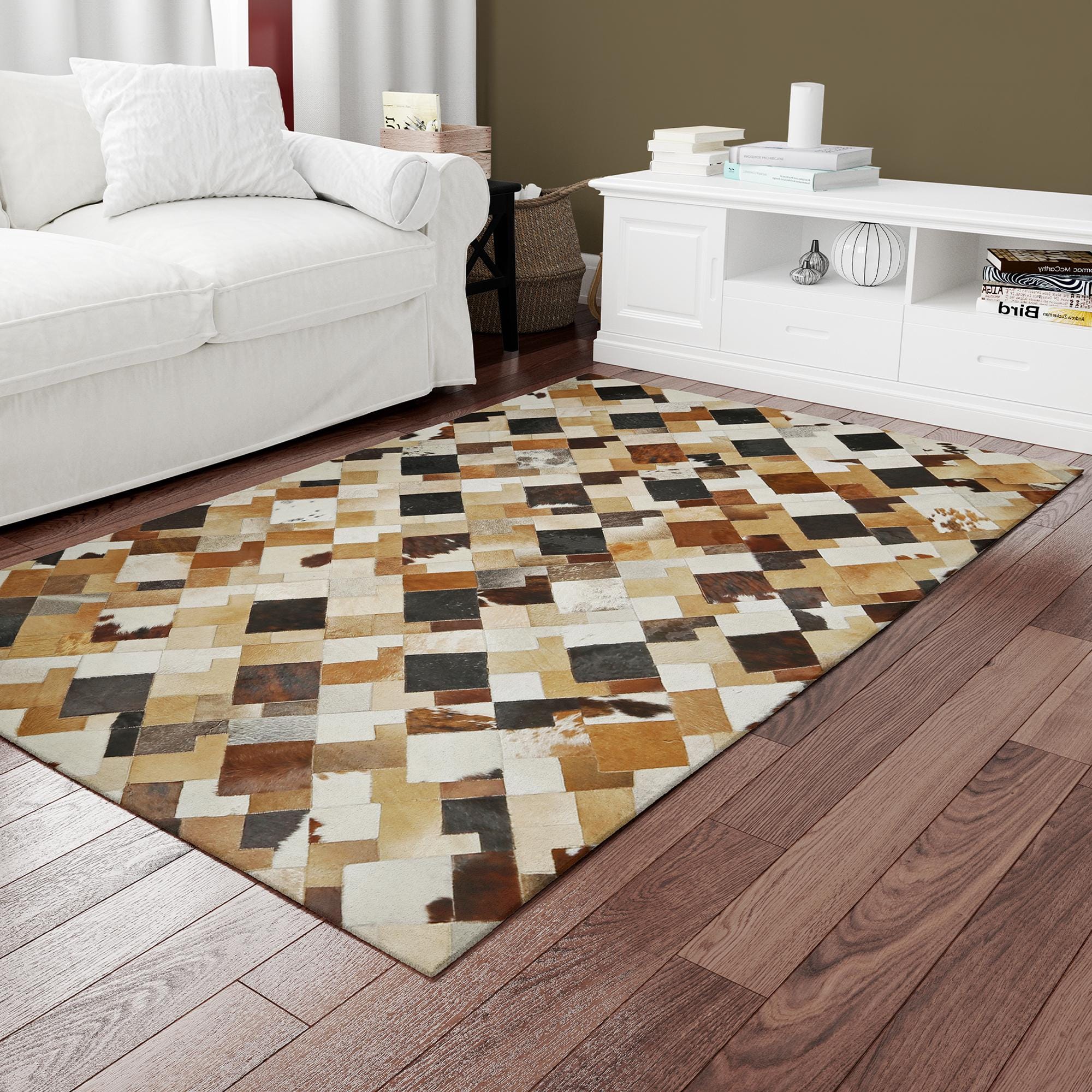 Doğal Kahve Desenli Dana Derisi Patchwork Halı – El Dokuma Gerçek Deri Şık Koridor Halısı