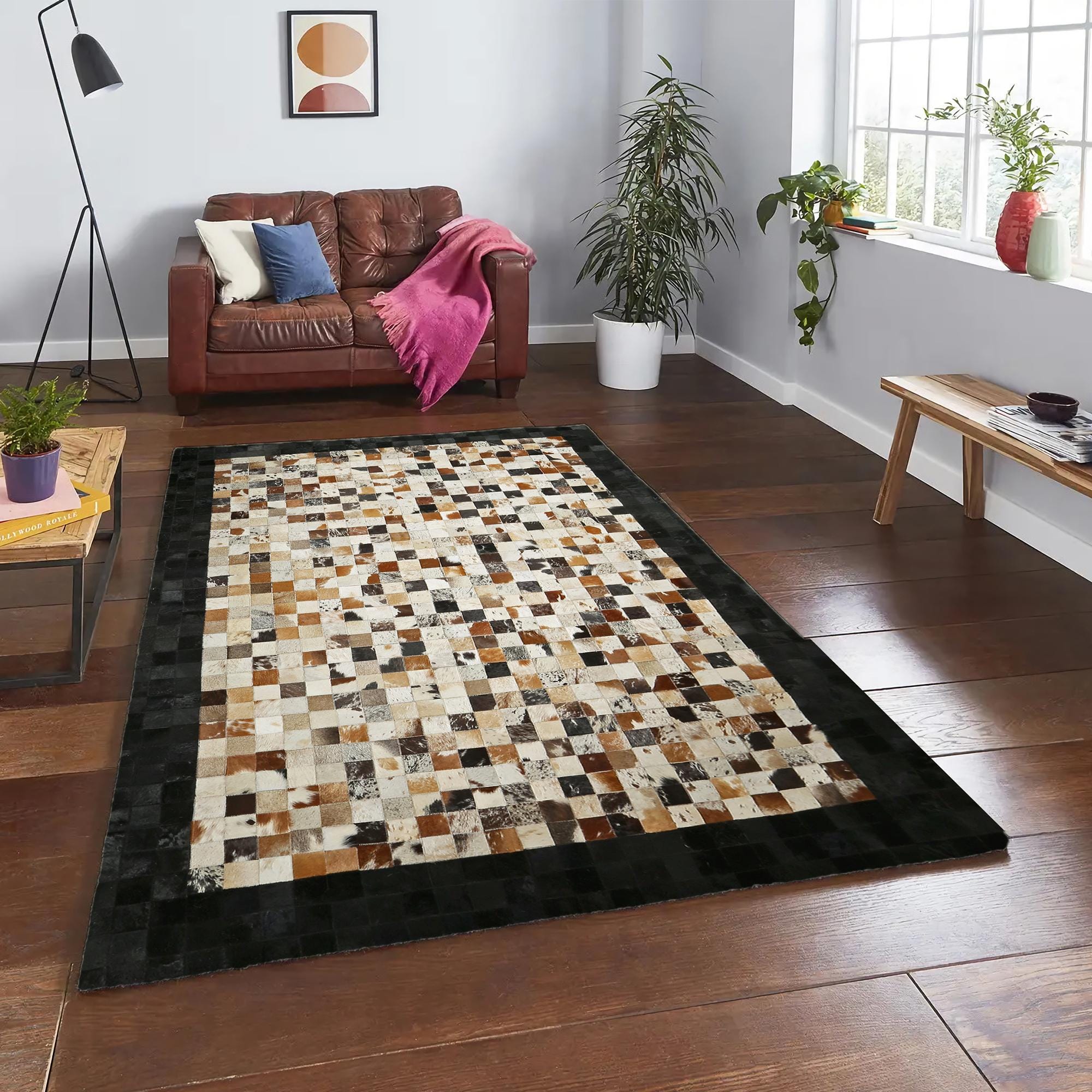 Kahverengi Siyah Dana Derisi Patchwork Halı – Hakiki Deri El Yapımı Mutfak Halısı
