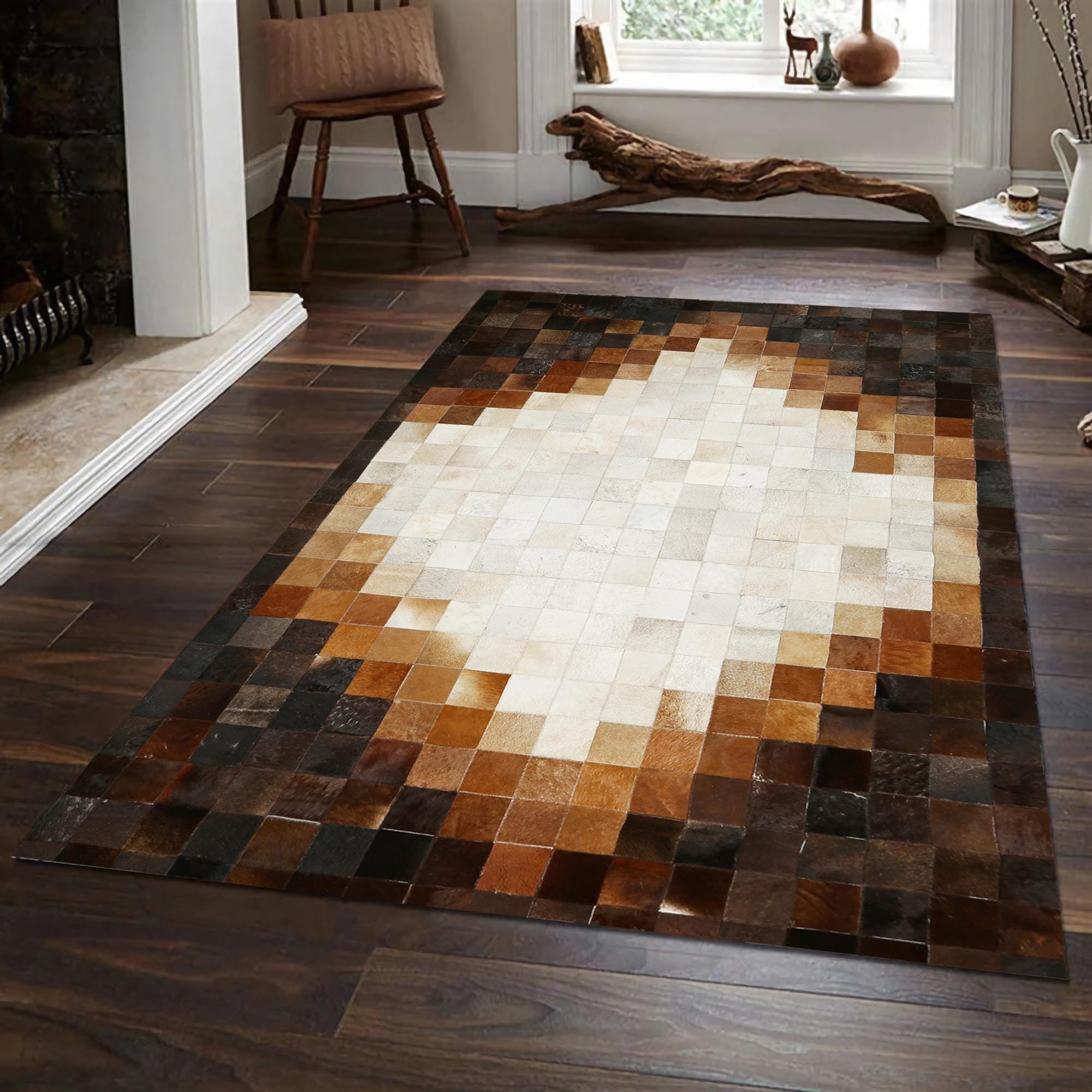 Koyu Kahverengi Bej Doğal Dana Derisi Halı – El Yapımı Patchwork Hakiki Deri Salon Halısı