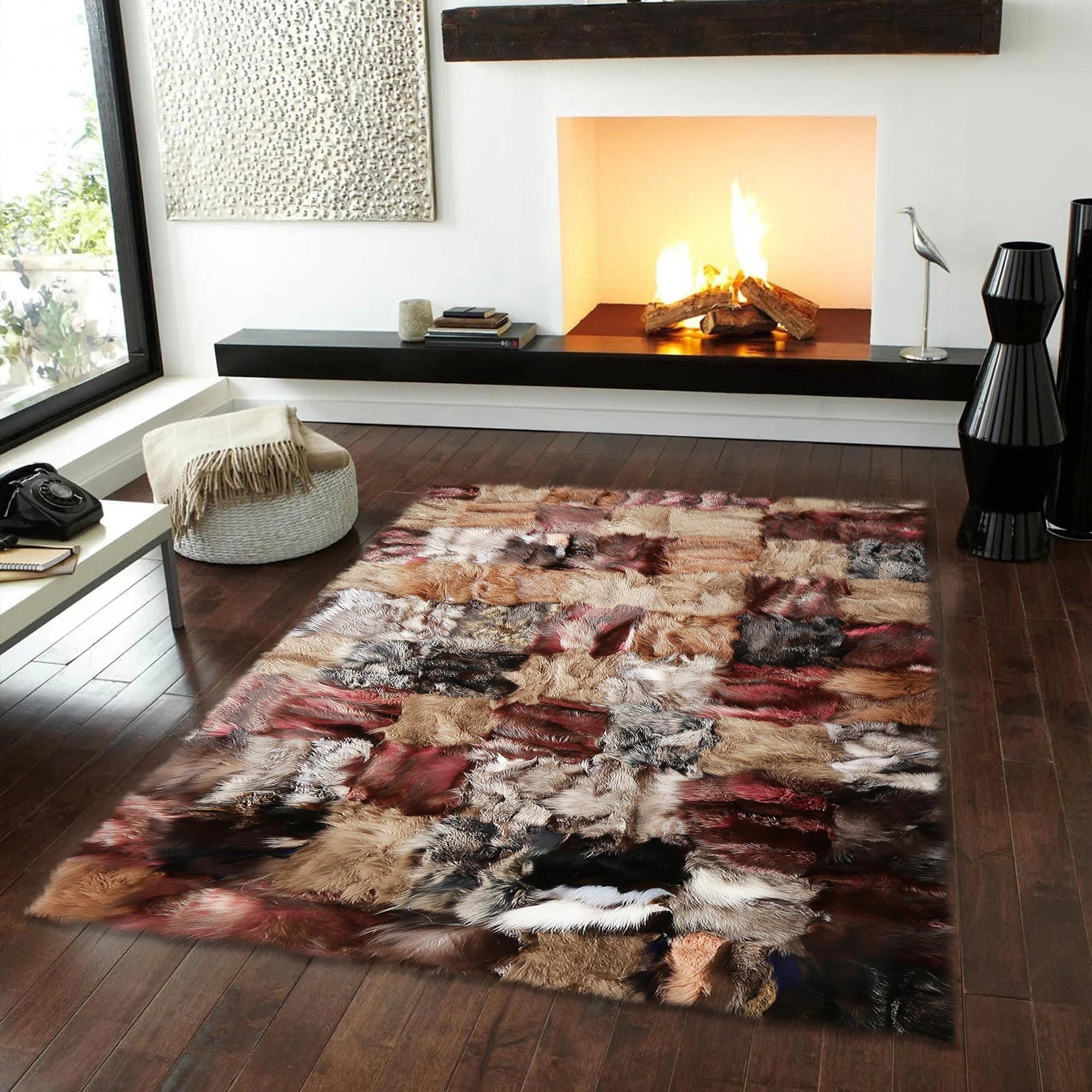 Çok Renkli Patchwork Tilki Kürkü Halı – El Yapımı Doğal Kürk Salon Halısı