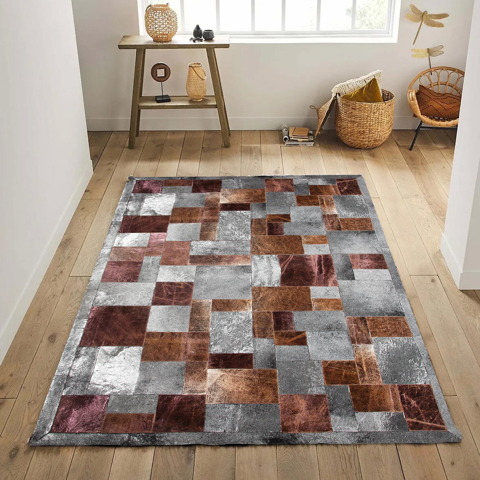 Gümüş Dana Derisi Patchwork Halı
