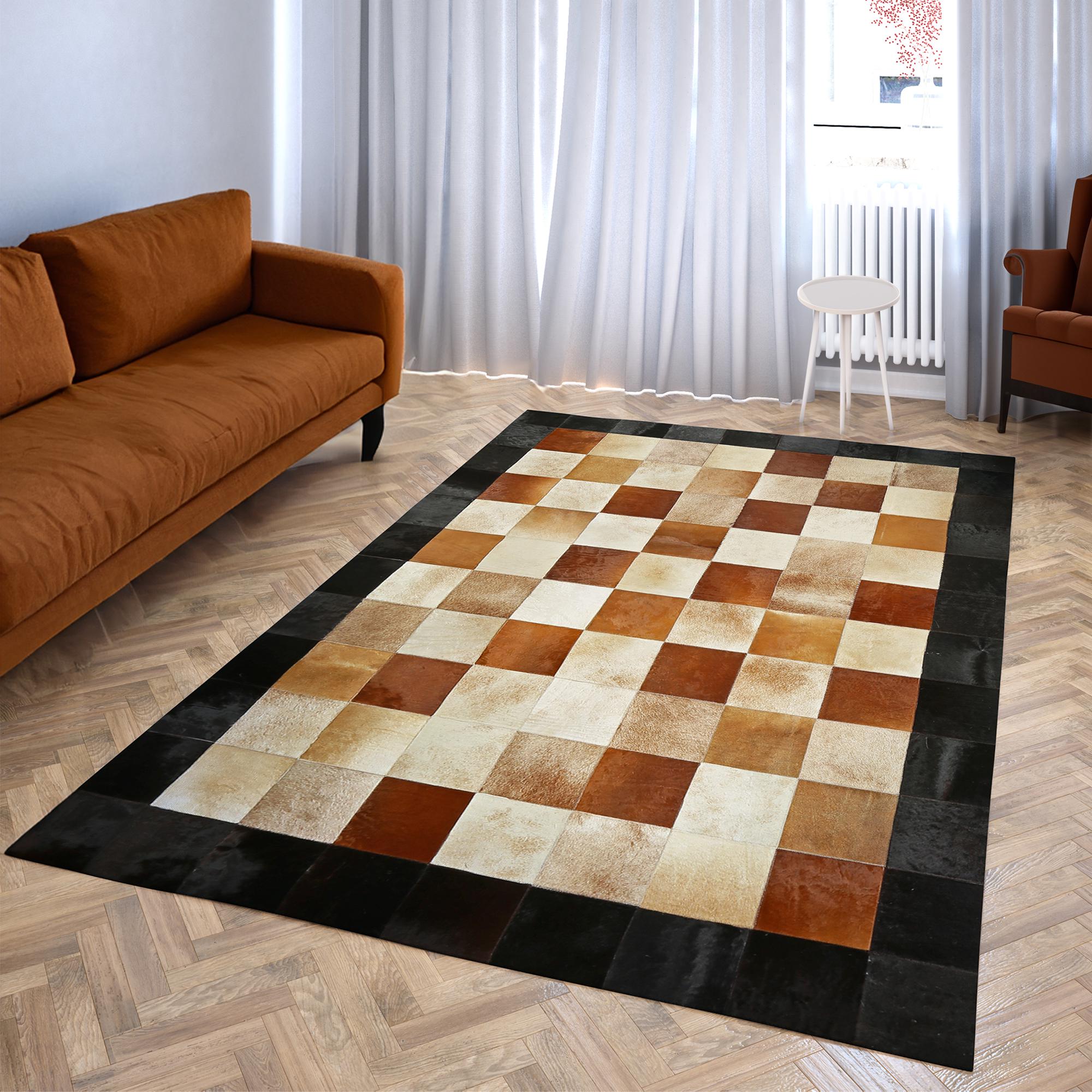 Siyah Kahverengi Doğal Dana Derisi Patchwork Halı – El Dokuma Gerçek Deri Dekoratif Salon Halısı