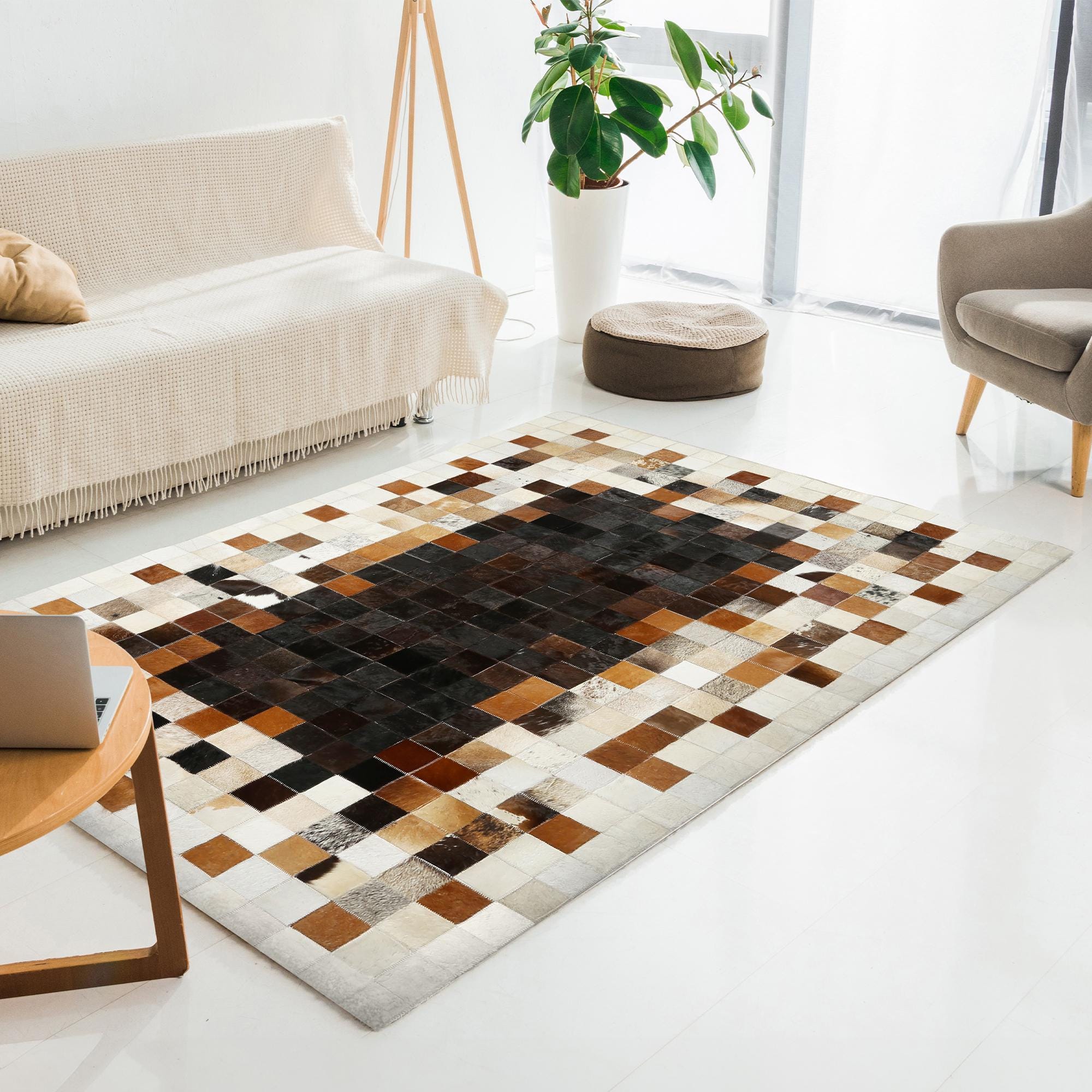 Kahverengi Siyah Bej Gerçek Dana Derisi Halı – El Yapımı Patchwork Hakiki Deri Salon Halısı
