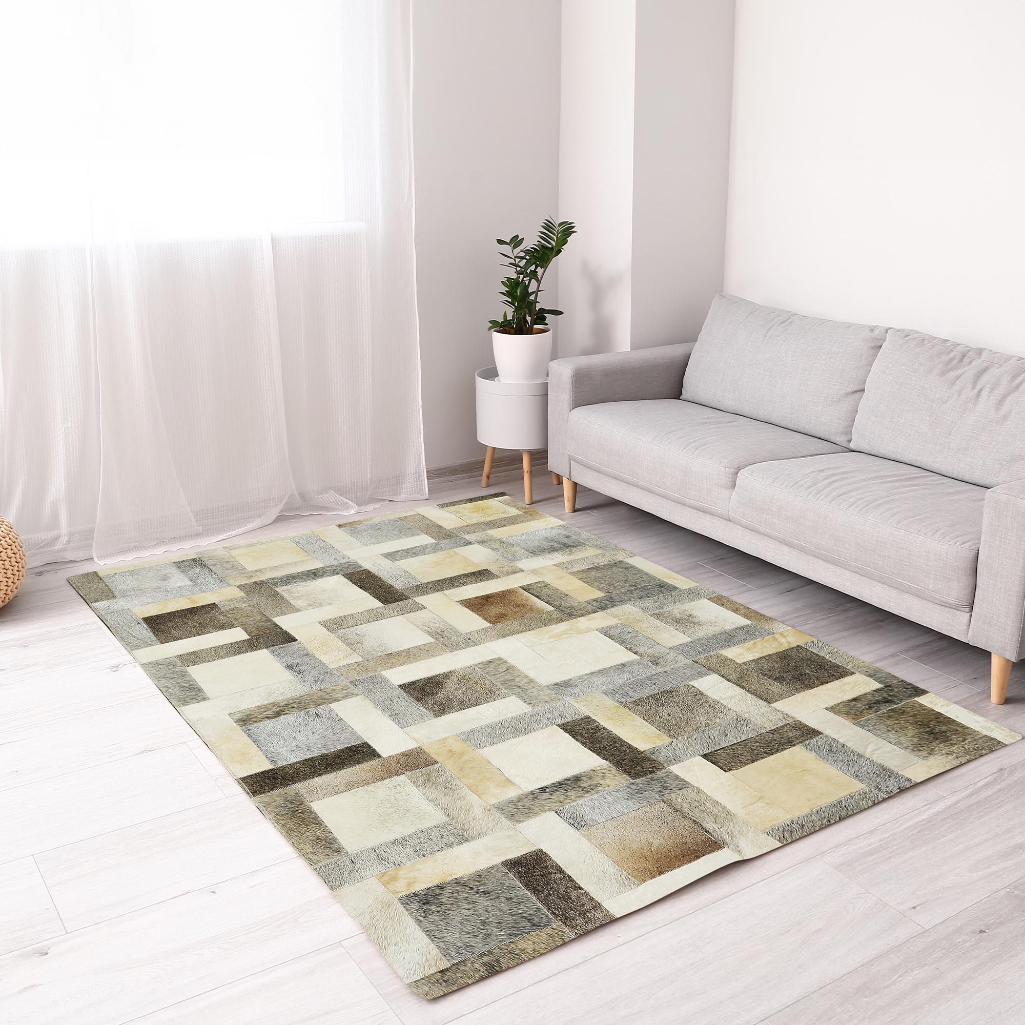 Bej Gri Dana Derisi Patchwork Halı – El Dokuma Gerçek Deri Lüks Koridor Halısı