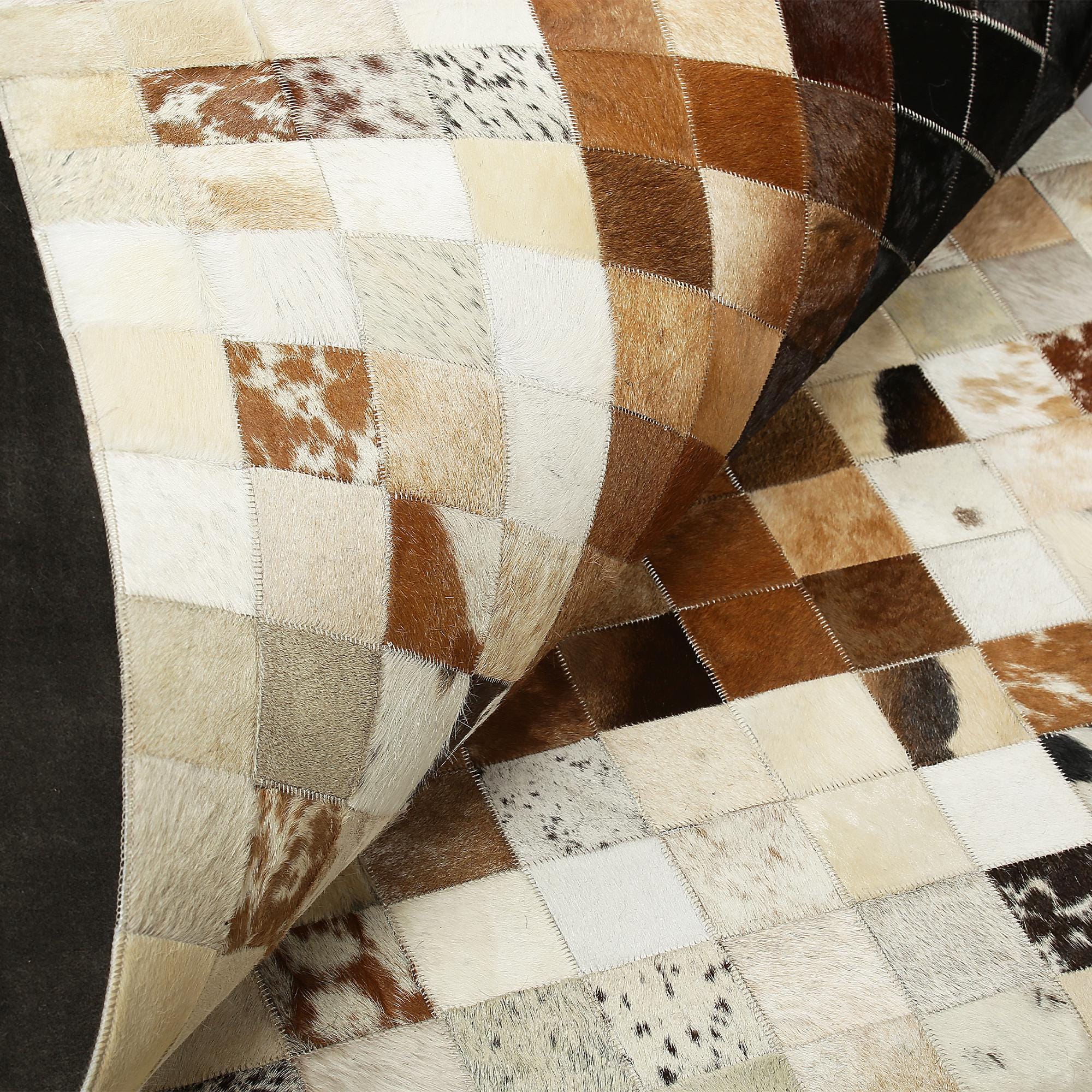 El Dokuma Gerçek Dana Derisi Halı – Kahverengi Patchwork Hakiki Deri Salon Halısı