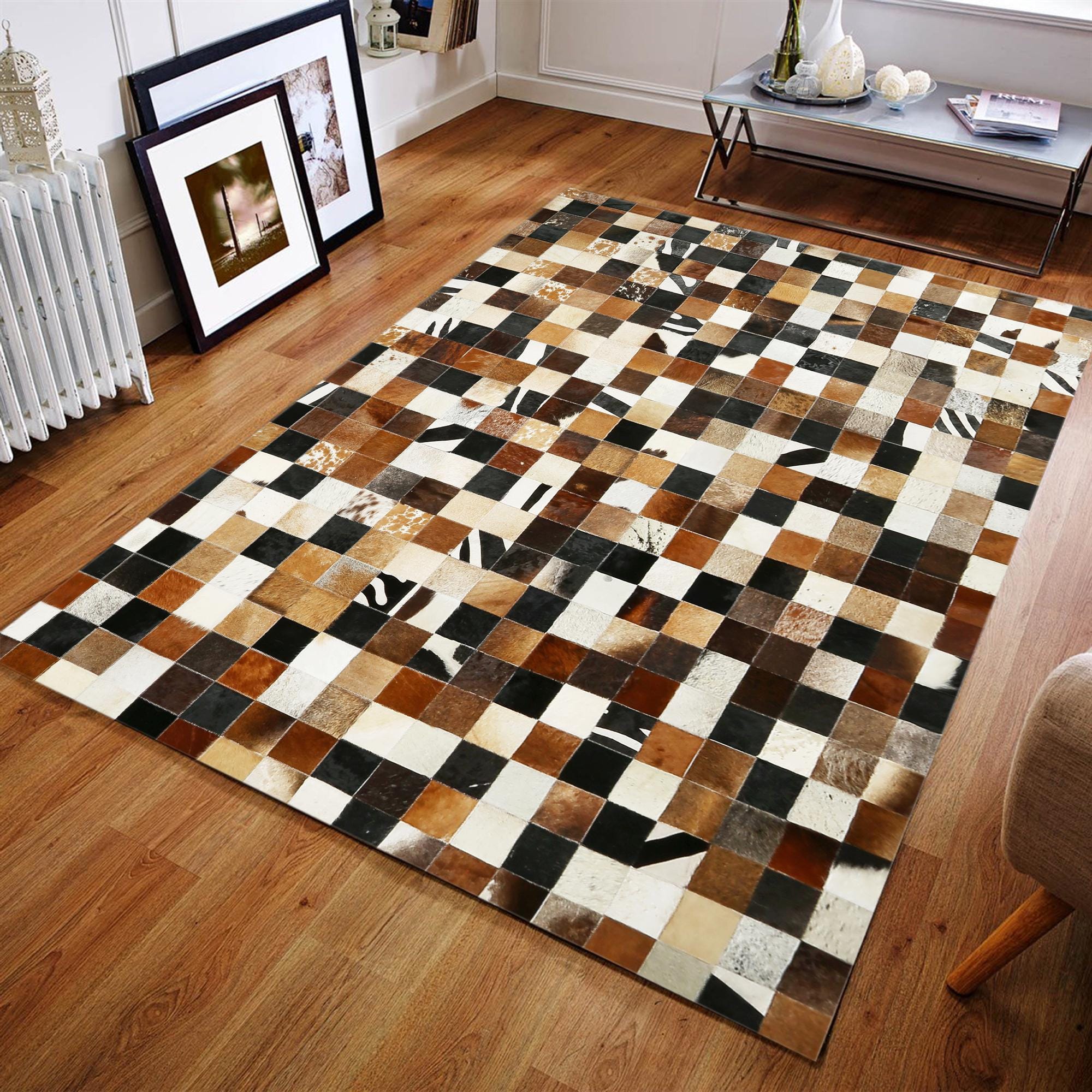 Çok Renkli El Yapımı Dana Derisi Halı – Hakiki Deri Patchwork Tasarım