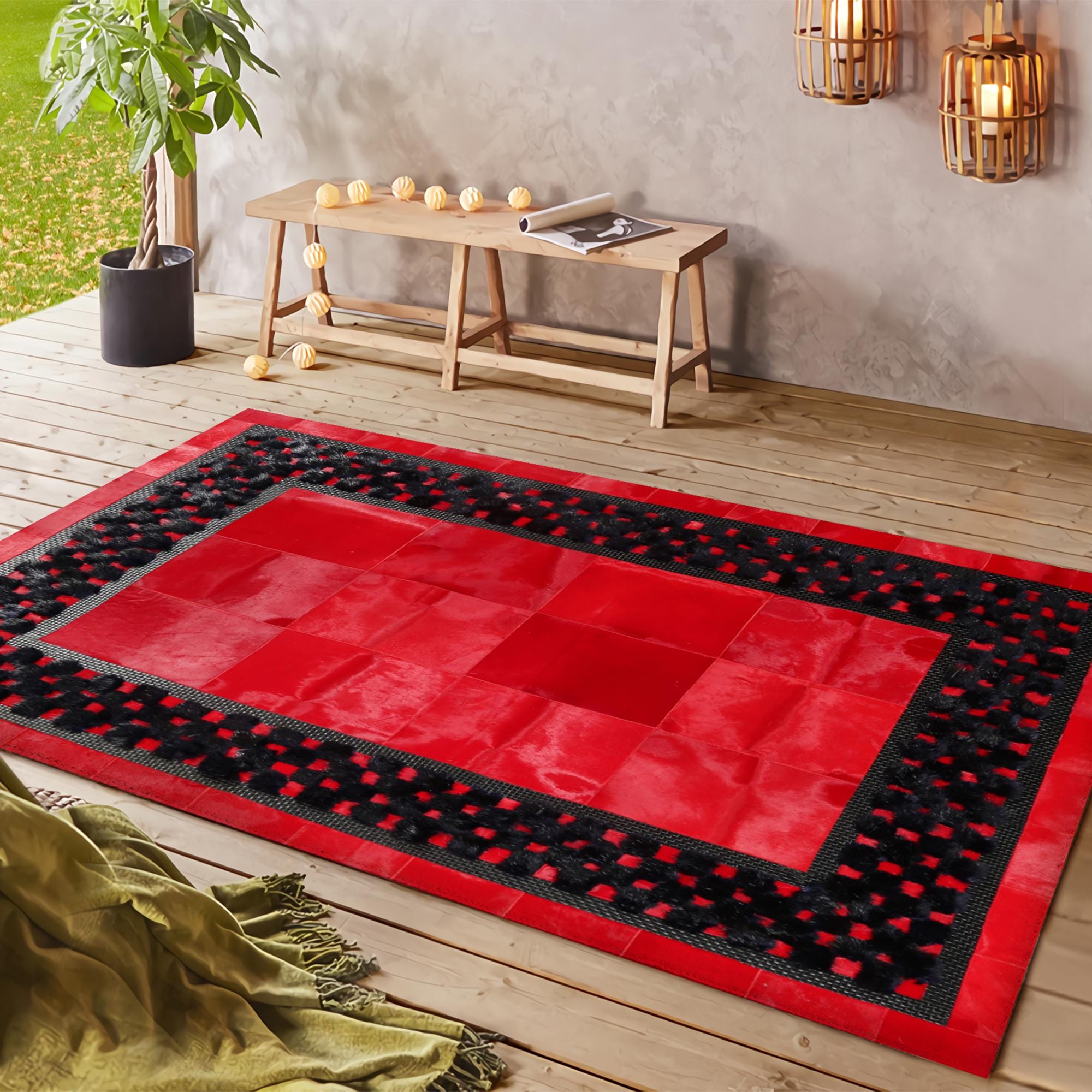 Kırmızı Siyah Hakiki Dana Derisi Patchwork Halı – El Yapımı Gerçek Deri Halı
