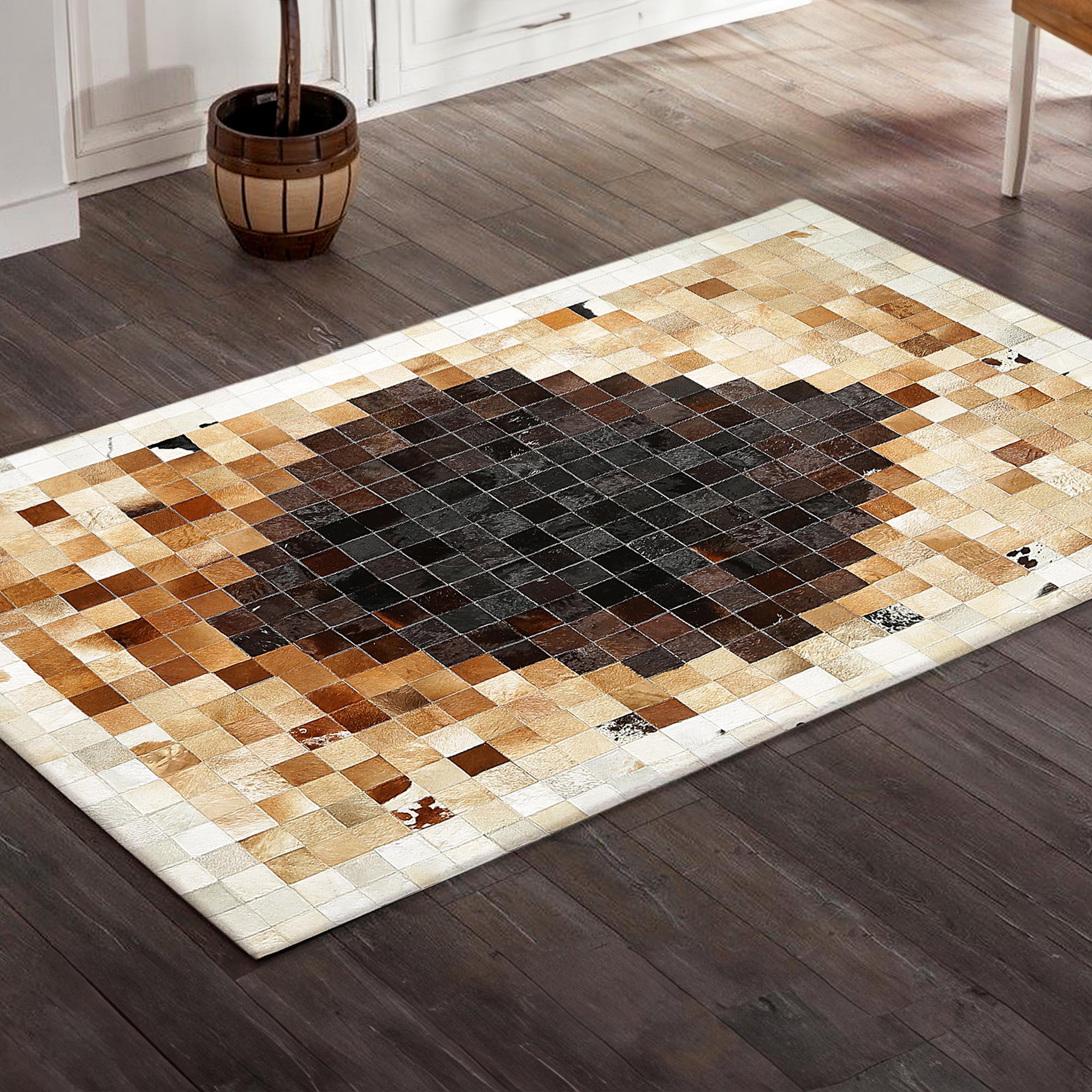 Kahverengi Bej Dana Derisi Patchwork Halı – El Yapımı Hakiki Deri Kaymaz Koridor Halısı