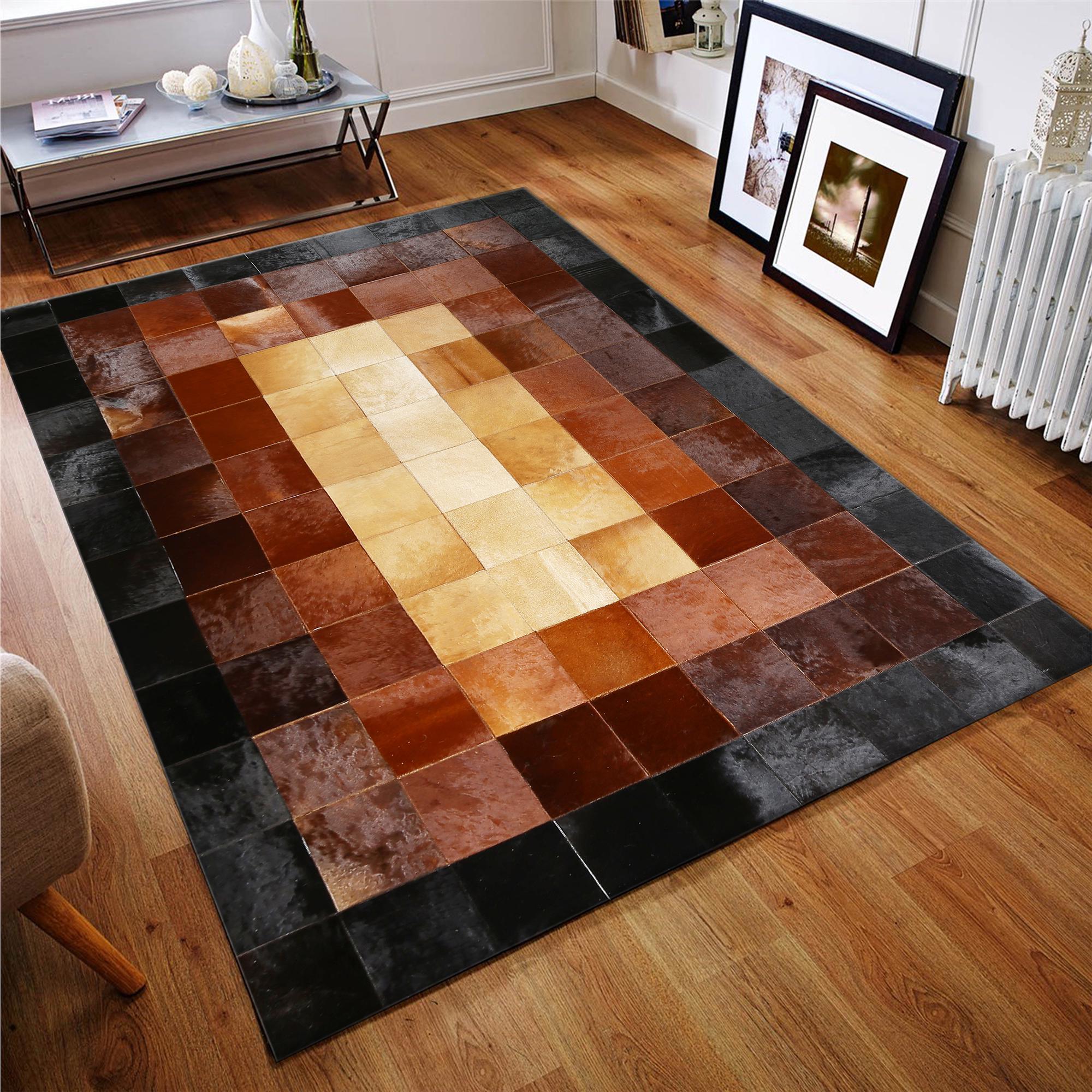 Siyah Kahverengi Dana Derisi Patchwork Halı – El Yapımı Hakiki Deri Lüks Mutfak Halısı