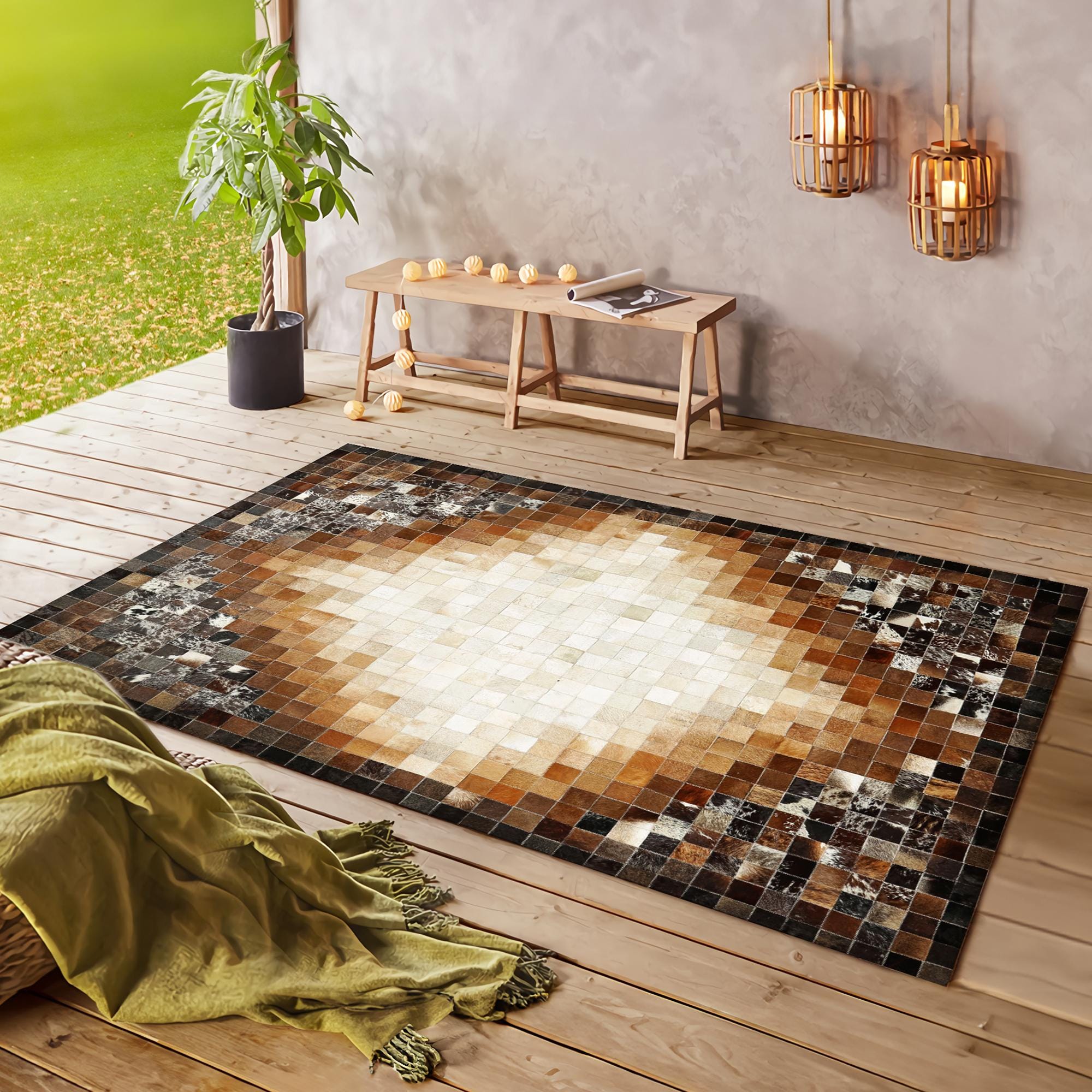 Kahverengi Doğal Dana Derisi Patchwork Halı – El Dokuma Gerçek Deri Kaymaz Salon Halısı
