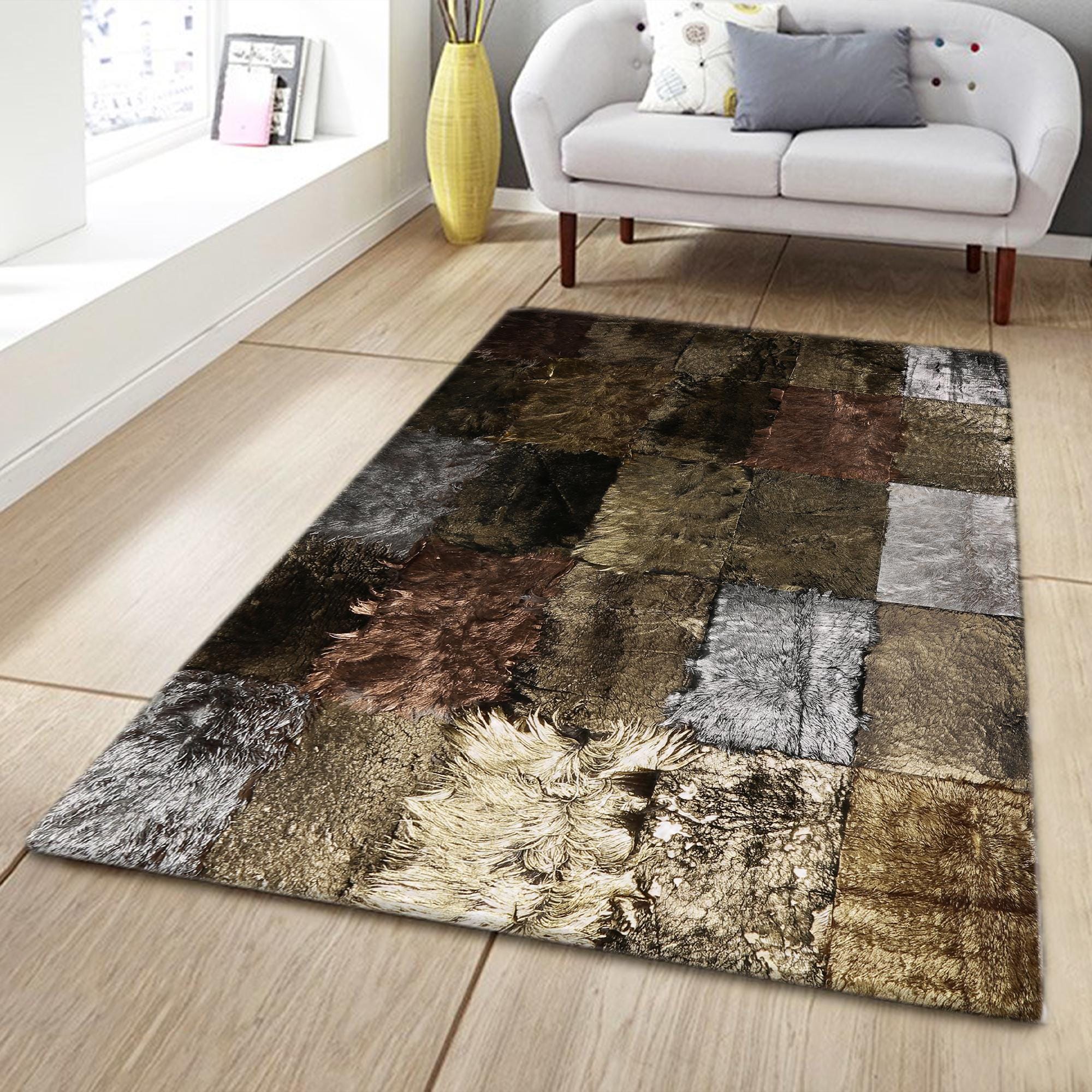 Altın Gümüş Dana Derisi Patchwork Halı – El Yapımı Hakiki Deri Lüks Ev Dekorasyonu Halısı