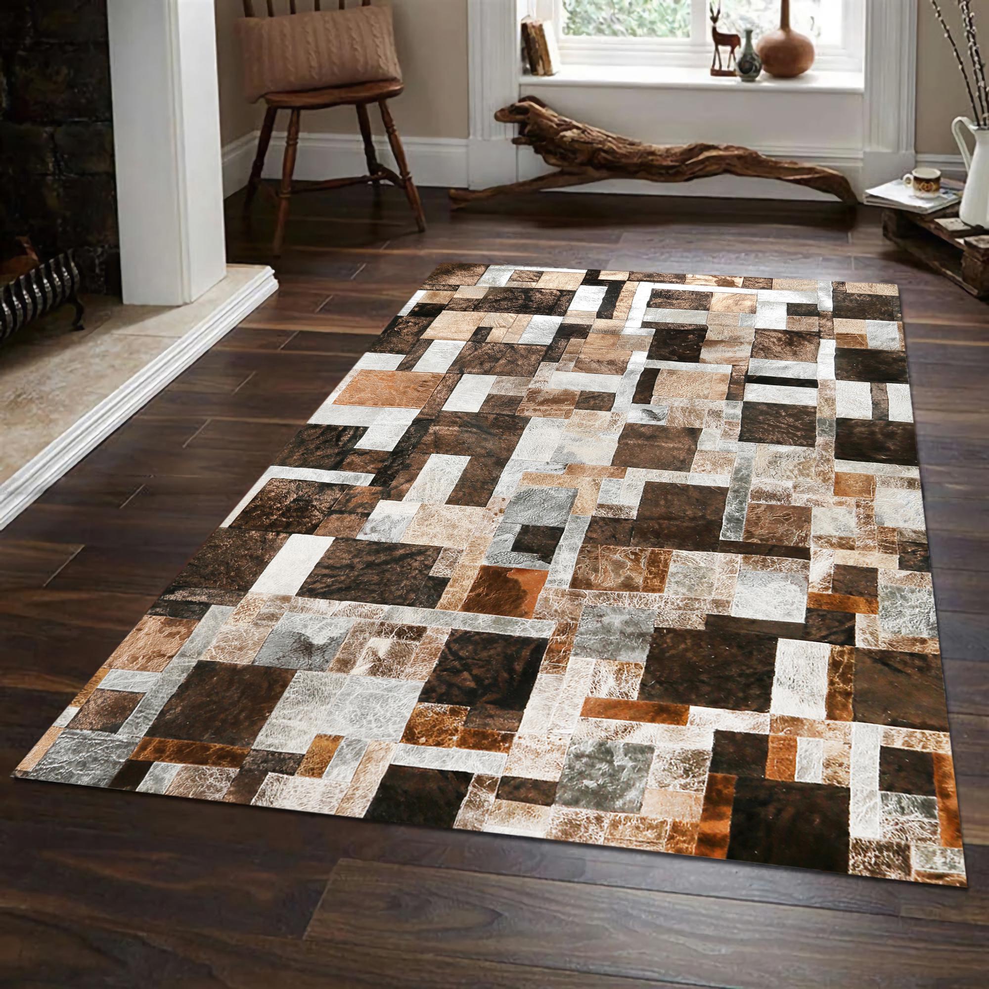 Doğal Siyah Kahverengi Dana Derisi Patchwork Halı – El Yapımı Hakiki Deri Lüks Koridor Halısı