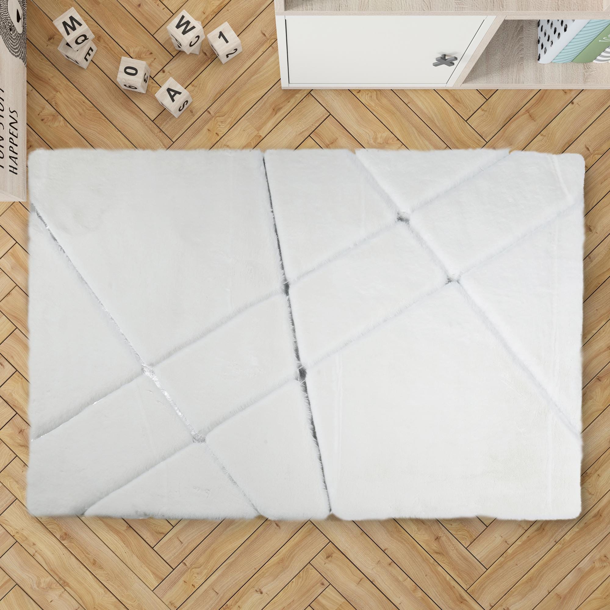Beyaz Geometrik Desenli Peluş Halı – Modern Dikdörtgen Yumuşak Halı, El Yapımı Lüks Dekoratif Salon ve Oturma Odası Halısı