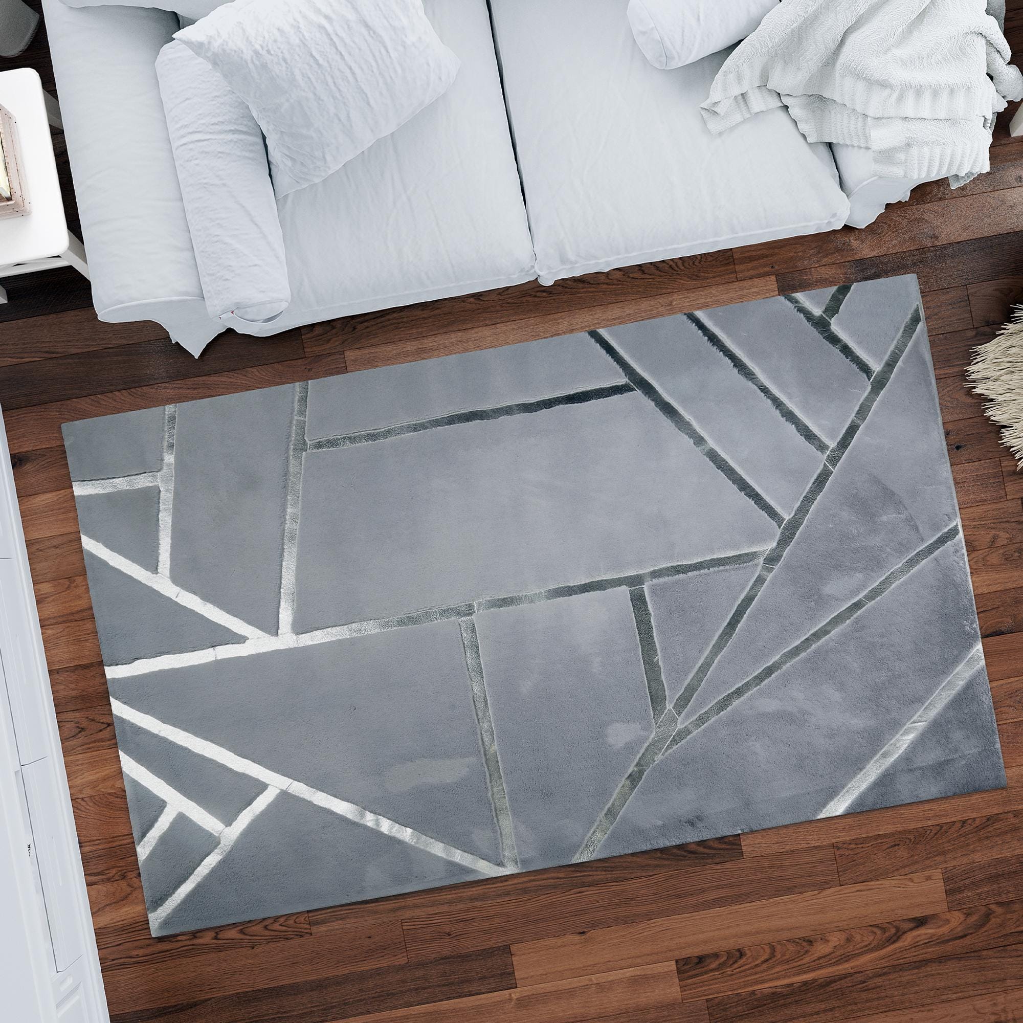 Gri Geometrik Desenli Peluş Halı – Modern Dikdörtgen Yumuşak Halı, El Yapımı Lüks Dekoratif Salon ve Oturma Odası Halısı