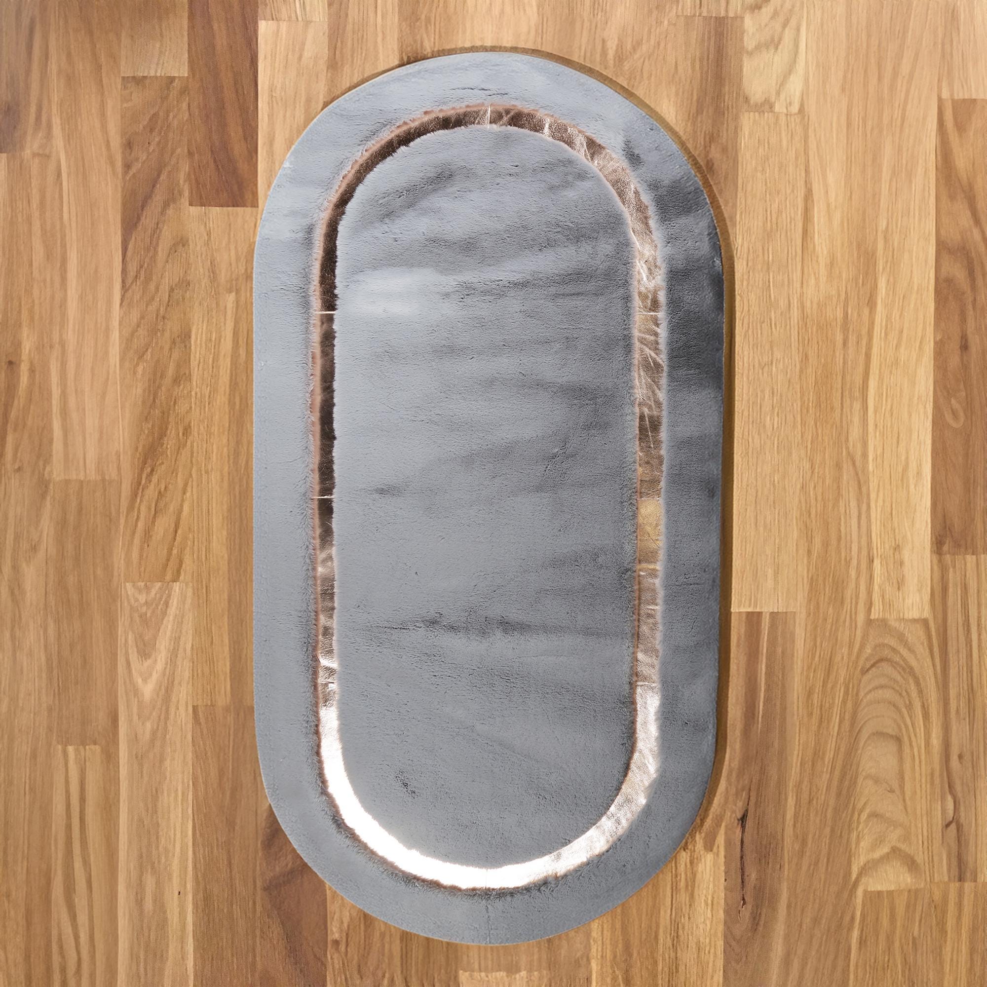 Gri Oval Çerçeveli Peluş Halı – Modern Tasarımlı, Yumuşak Dokulu, Kaymaz Tabanlı Salon, Koridor ve Yatak Odası Halısı