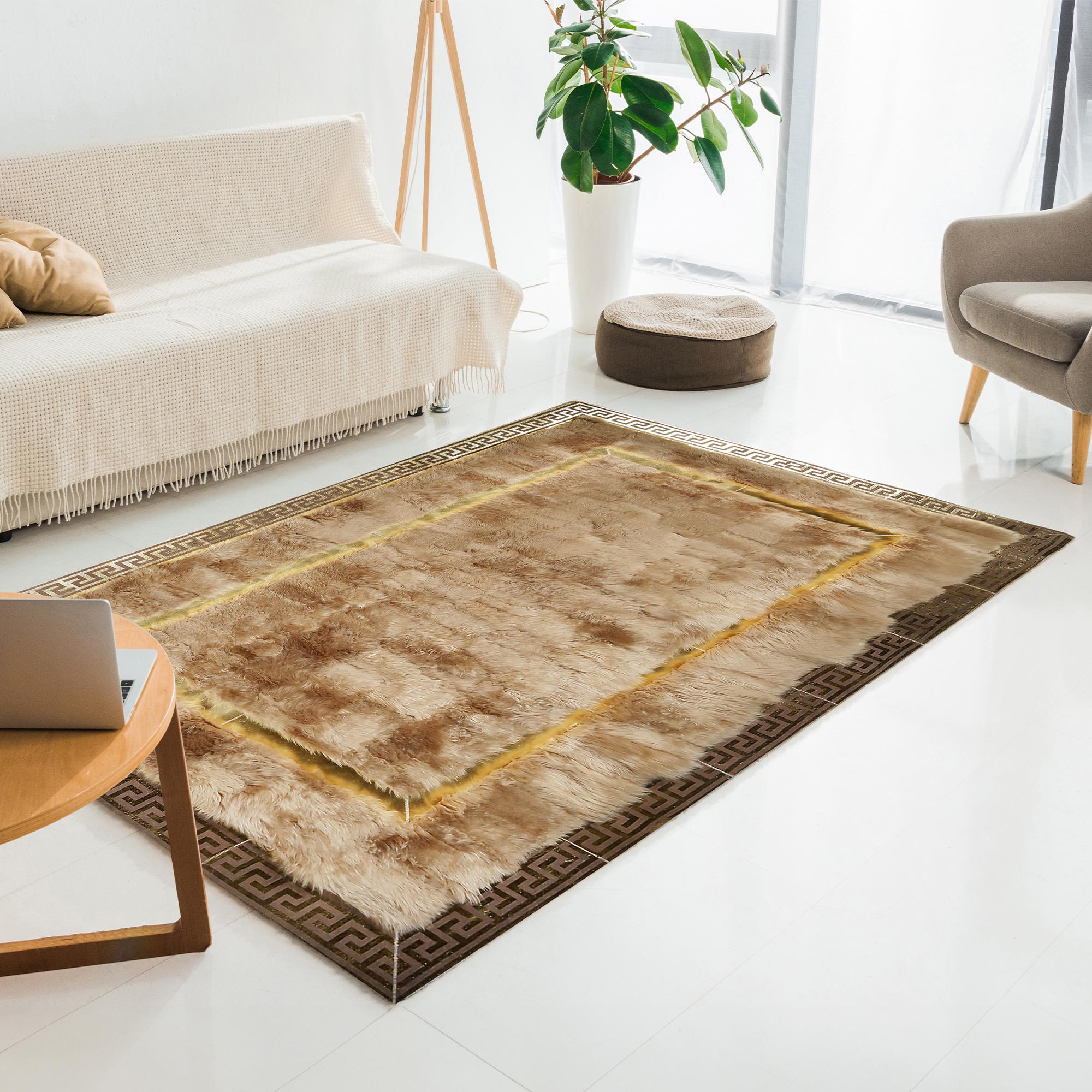Bej Toskana Derisi Halı – El Yapımı Patchwork, Altın Şerit ve Klasik Bordürlü Hakiki Deri Lüks Halı