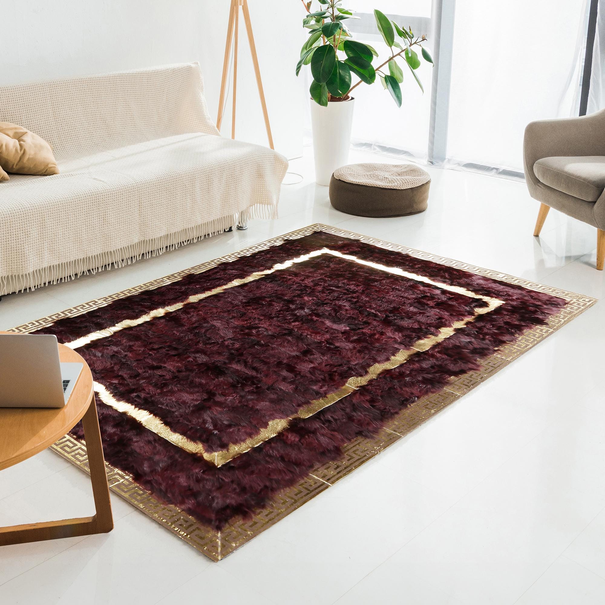Bordo Patchwork Toskana Derisi Halı – Altın Şeritli ve Bordürlü, El Yapımı Hakiki Deri Lüks Halı