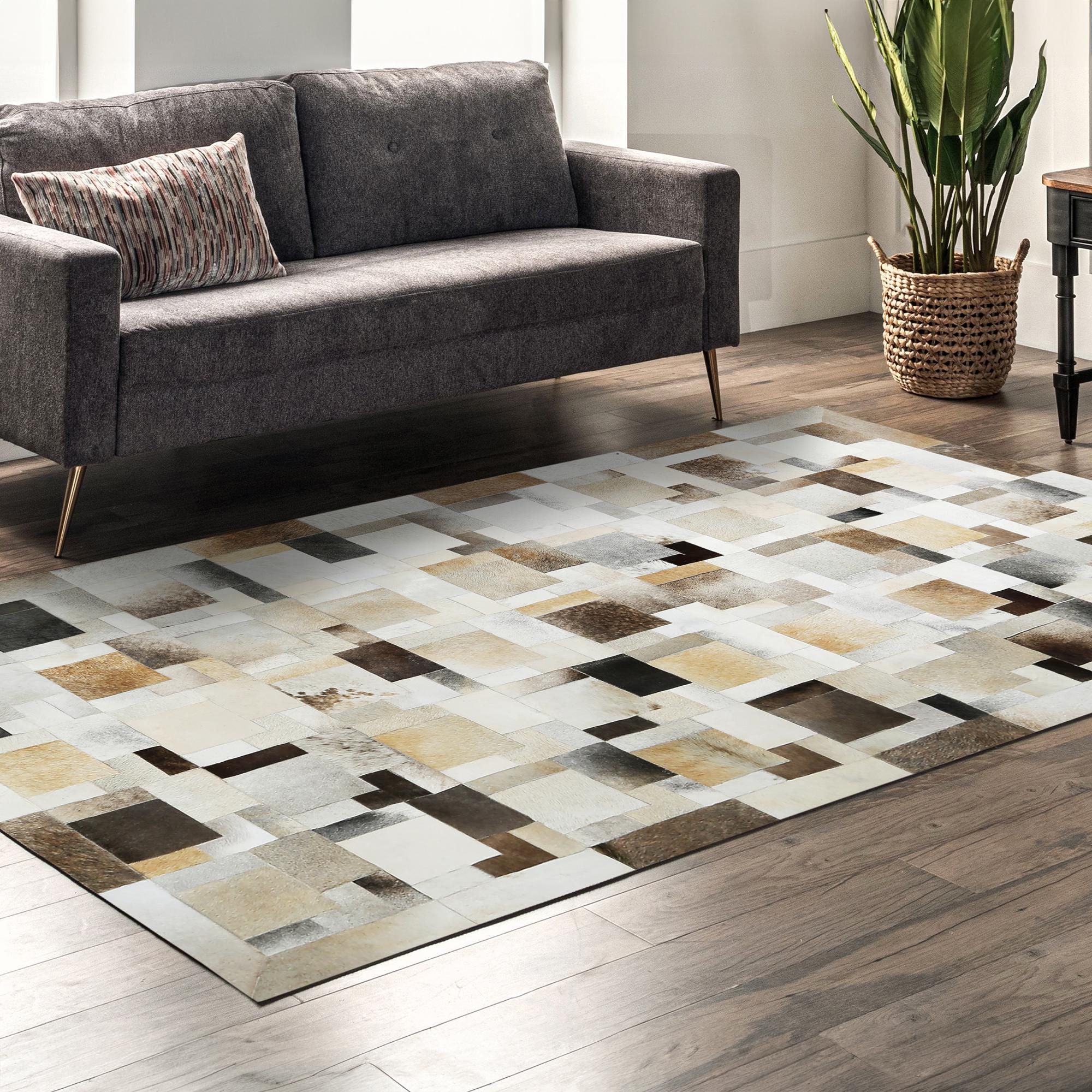 Bej Gri Doğal Dana Derisi Patchwork Halı – El Yapımı Hakiki Deri Modern Salon Halısı