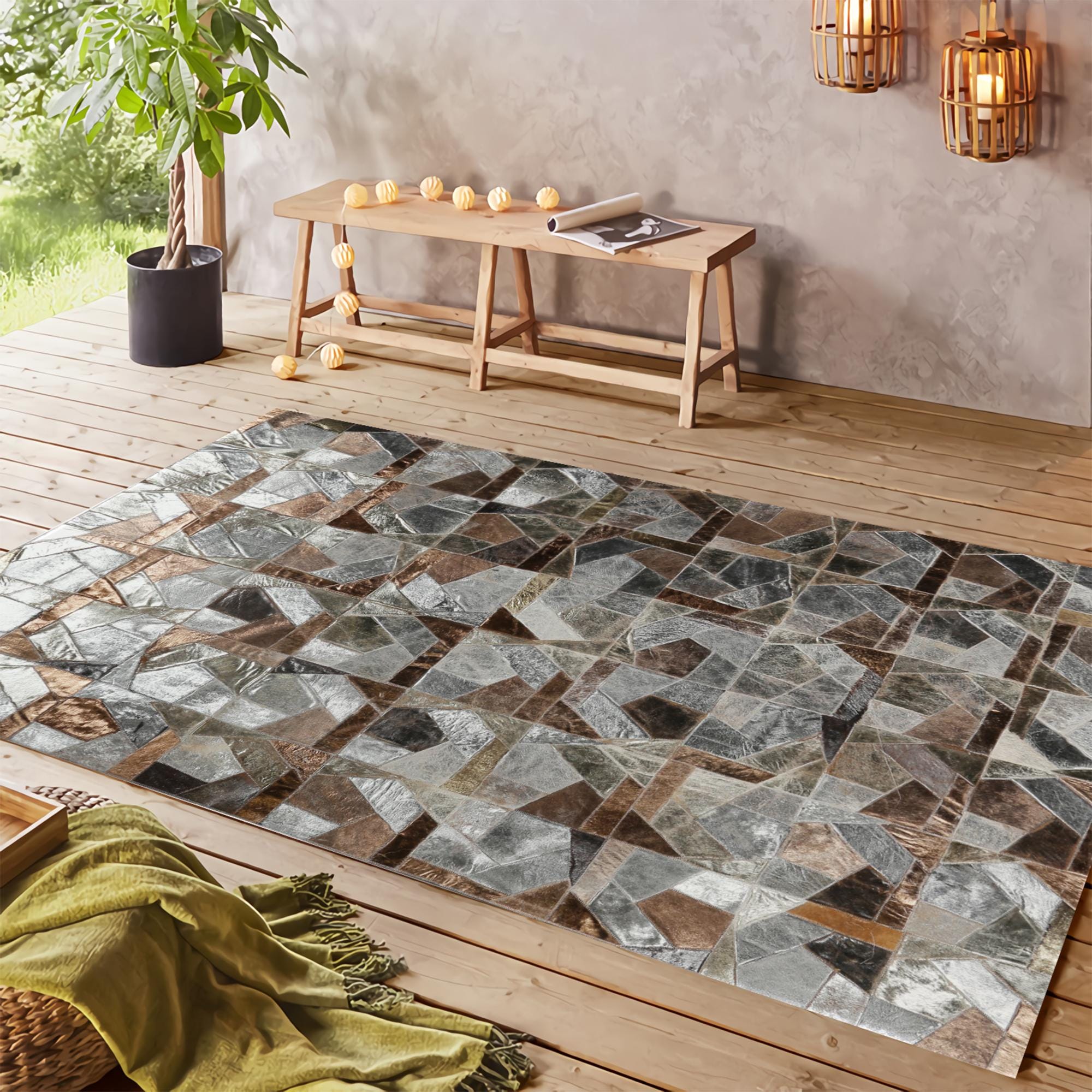 Gümüş Gri Dana Derisi Patchwork Halı – El Dokuma Hakiki Deri Lüks Giriş Halısı