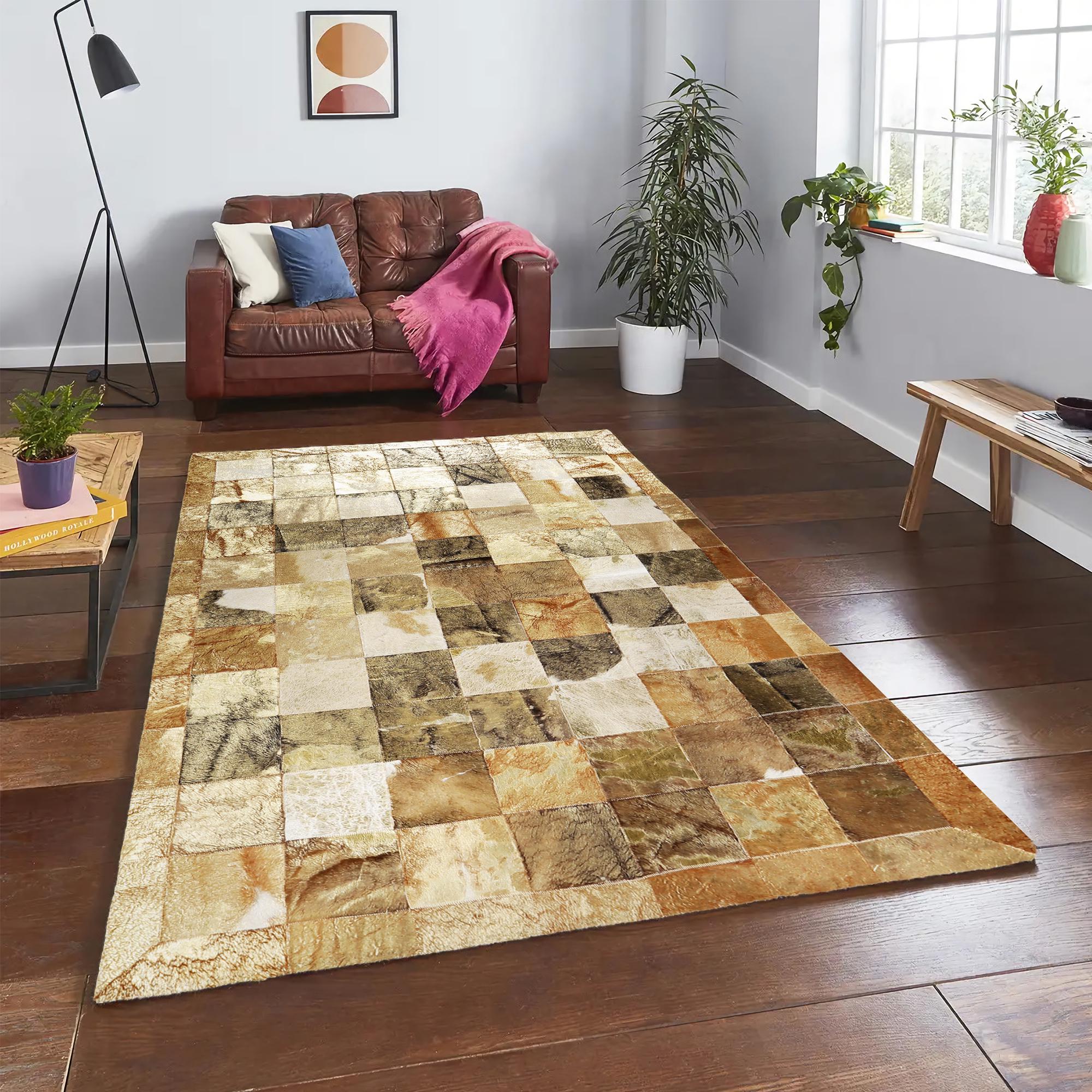 Altın Kahverengi Dana Derisi Patchwork Halı – El Dokuma Hakiki Deri Lüks Ev Dekorasyonu Halısı