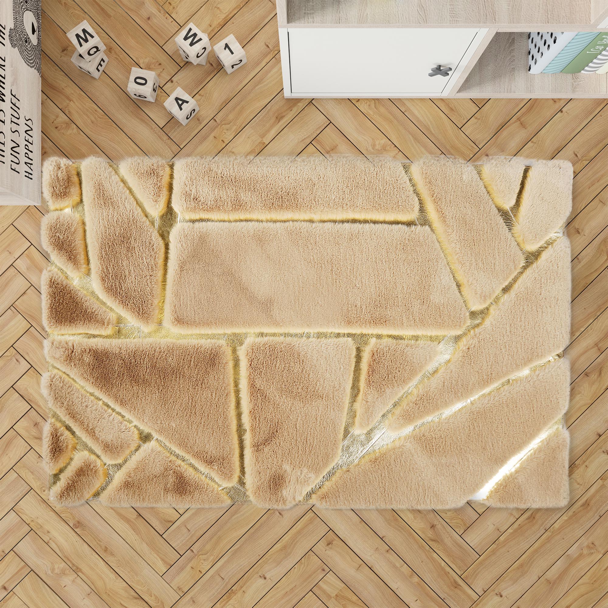 Kahverengi Altın Desenli Peluş Halı – Modern Geometrik Tasarımlı, Yumuşak Dokulu, Kaymaz Tabanlı Salon ve Koridor Halısı