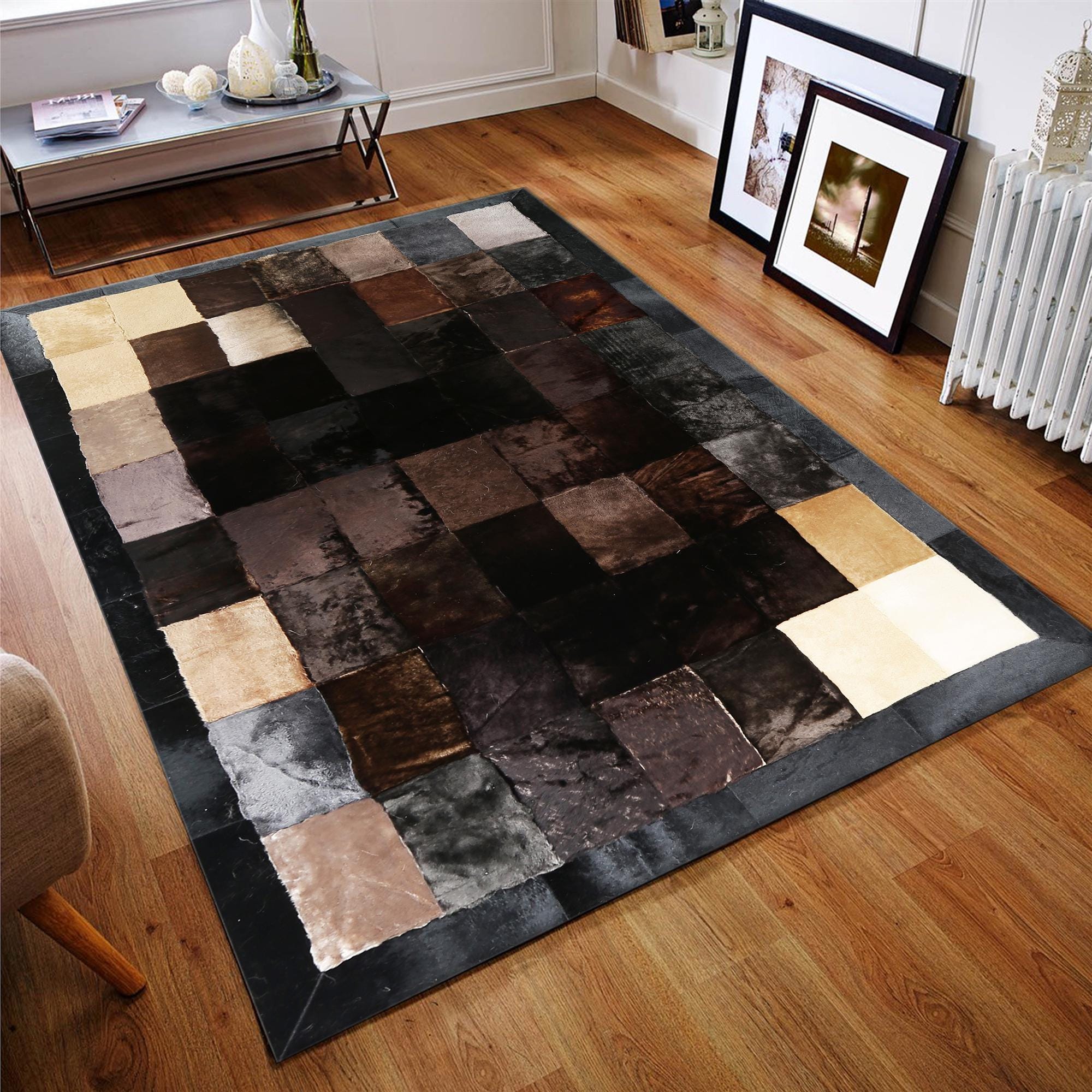 Siyah, Kahverengi, Doğal, Kahverengi Dana Derisi Patchwork Halı