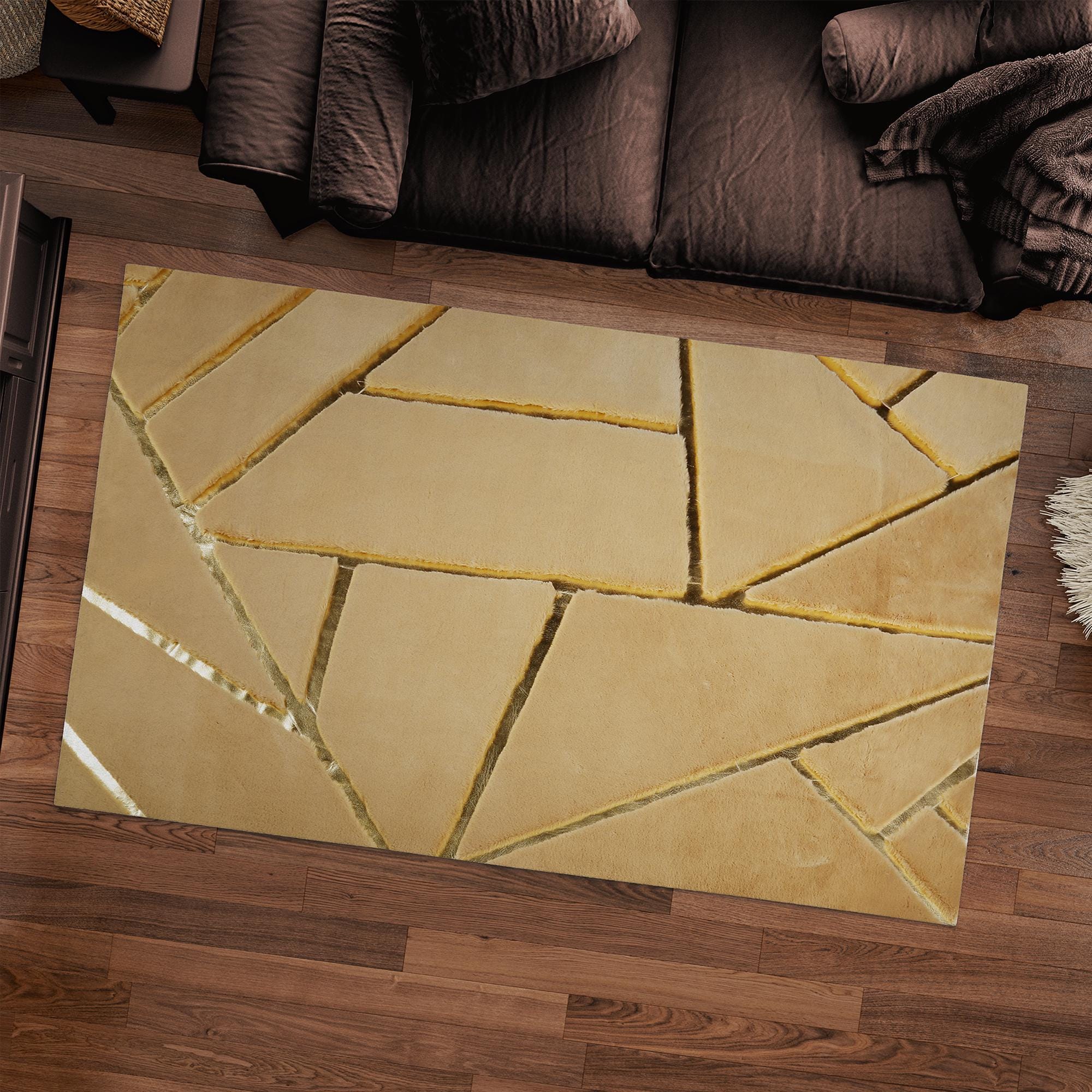 Sarı Altın Desenli Peluş Halı – Modern Geometrik Tasarımlı, Yumuşak Dokulu, Kaymaz Tabanlı Salon ve Koridor Halısı
