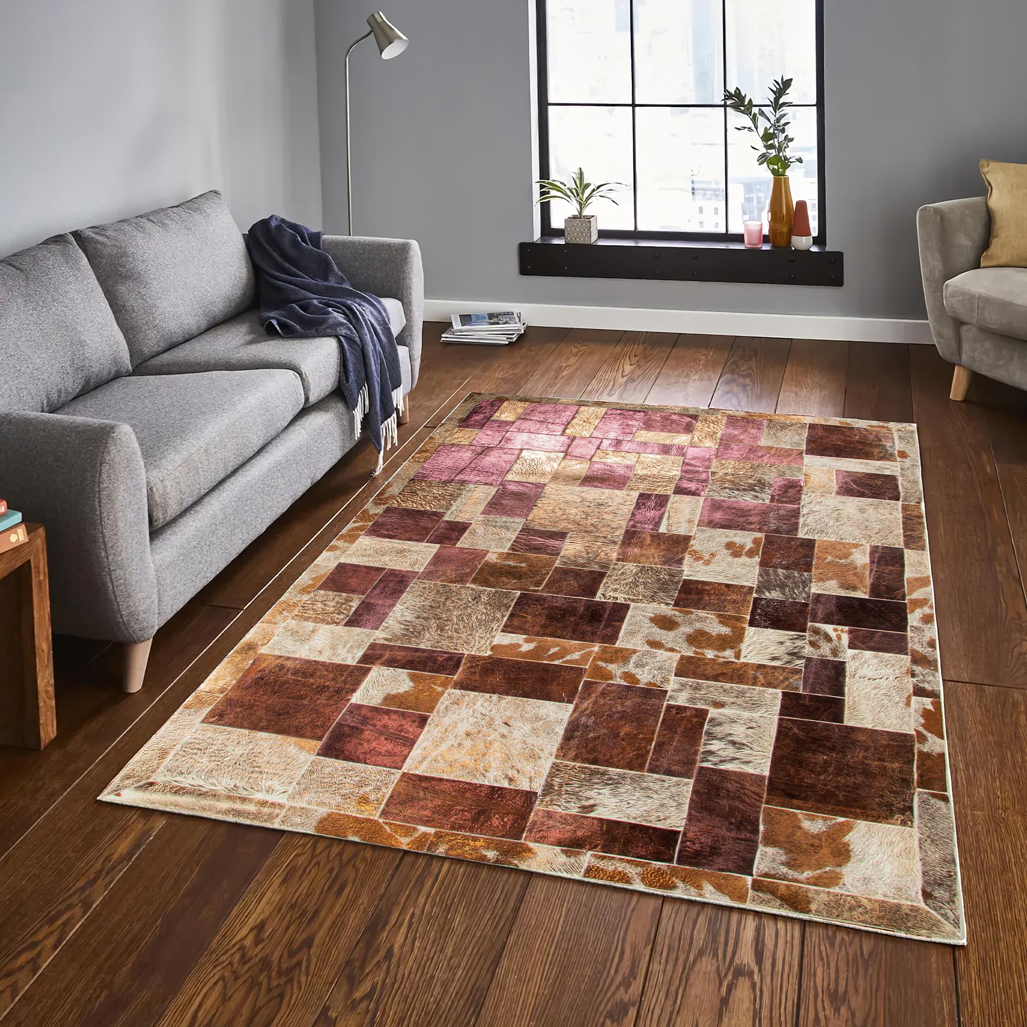 Kahverengi Altın Dana Derisi Patchwork Halı – El Yapımı Hakiki Deri Kaymaz Mutfak Halısı