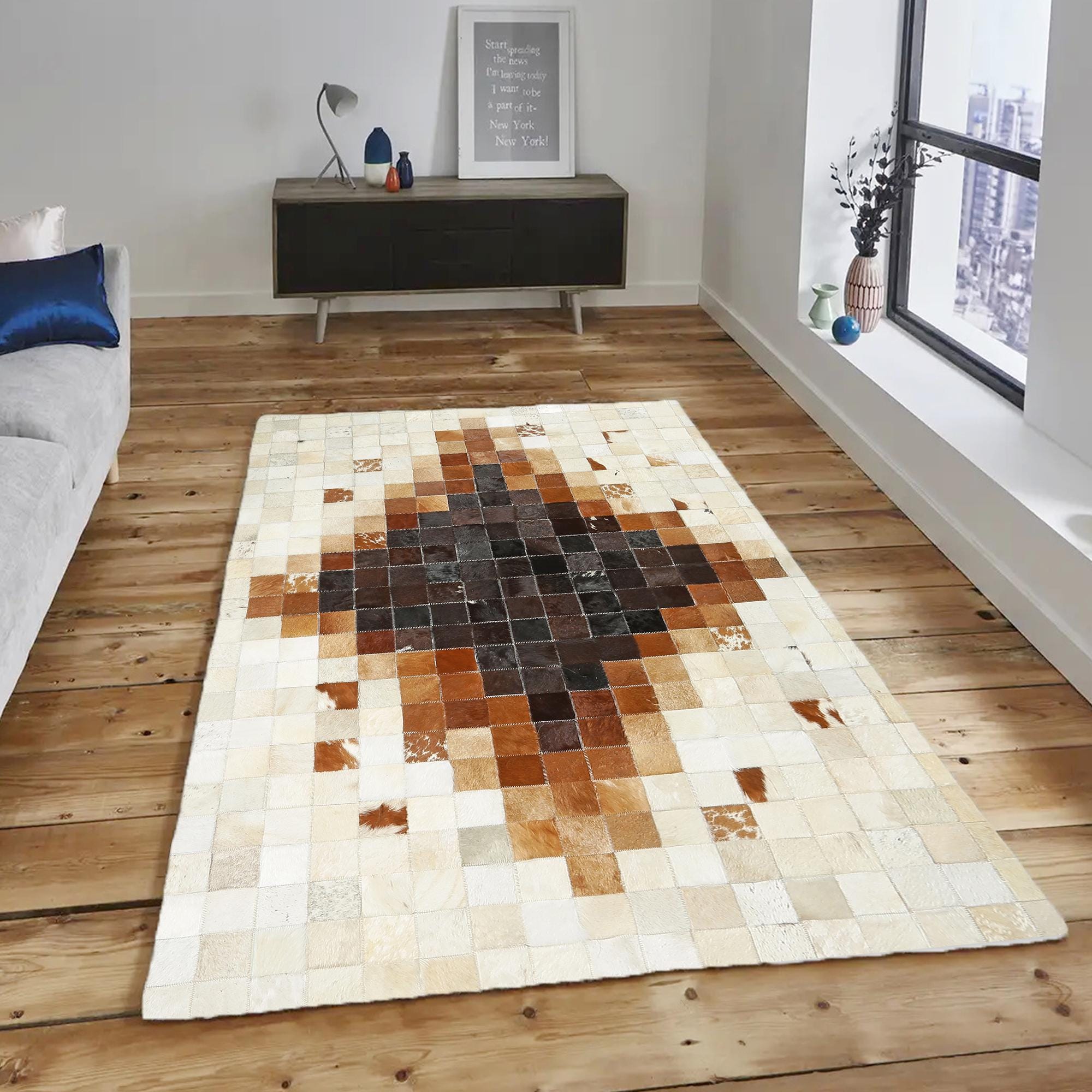 Kahverengi Doğal Dana Derisi Patchwork Halı – El Yapımı Hakiki Deri Lüks Mutfak Halısı