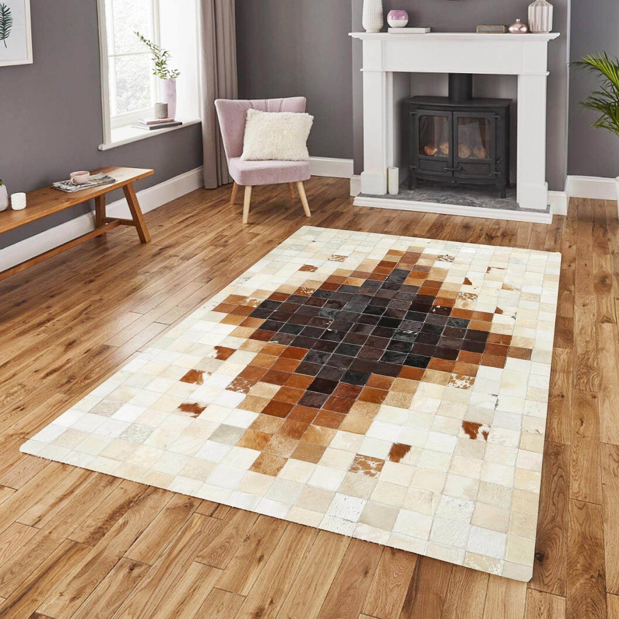 Kahverengi Doğal Dana Derisi Patchwork Halı – El Yapımı Hakiki Deri Lüks Mutfak Halısı