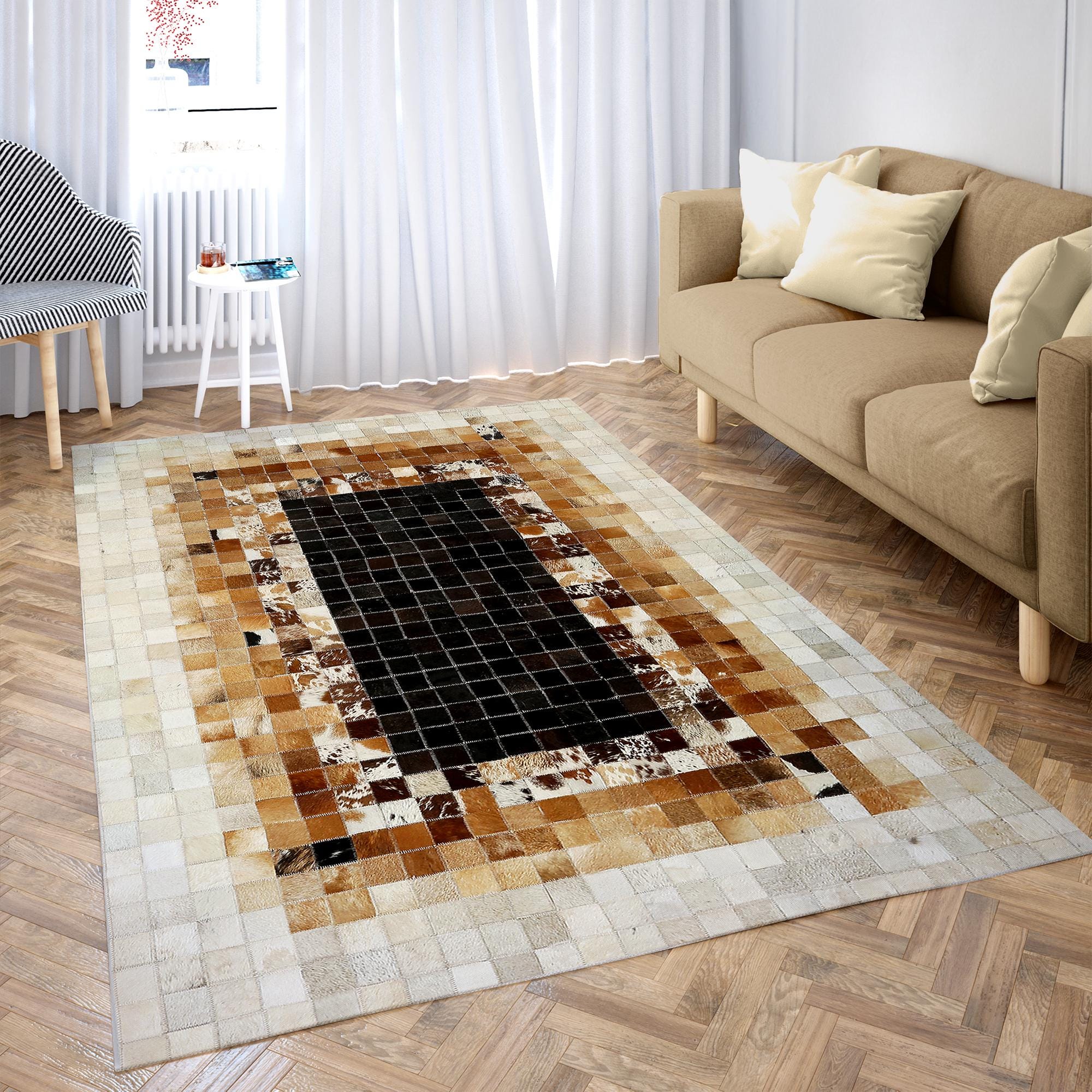 Bej Kahverengi Doğal Dana Derisi Patchwork Halı – El Yapımı Hakiki Deri Dekoratif Mutfak Halısı
