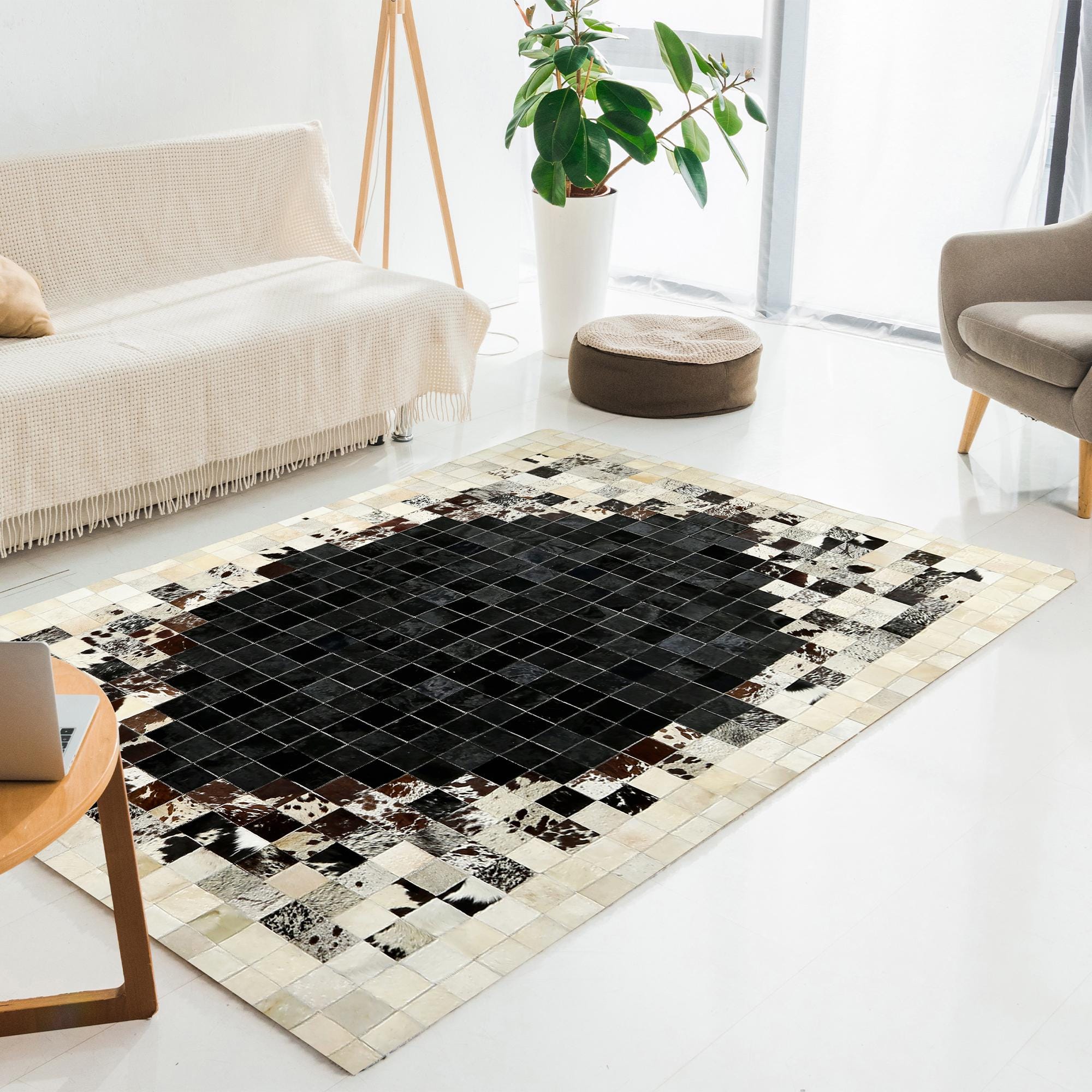 Siyah, Bej Dana Derisi Patchwork Halı