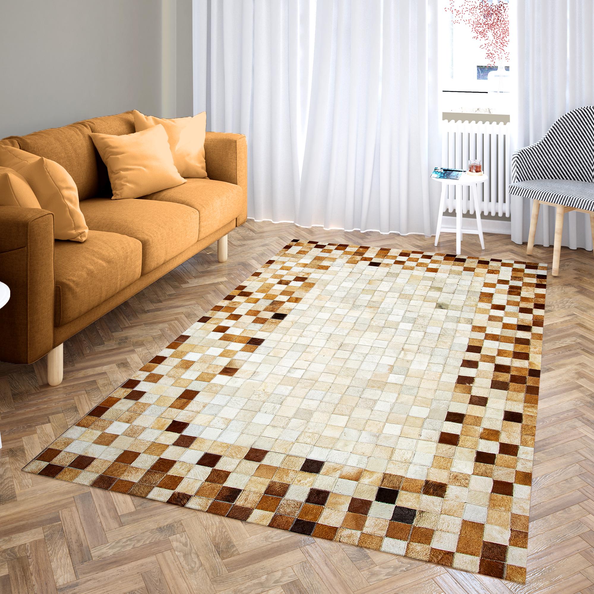 Açık Tonlu Bej Kahverengi Patchwork Dana Derisi Halı – El Dokuma Hakiki Deri Salon Halısı