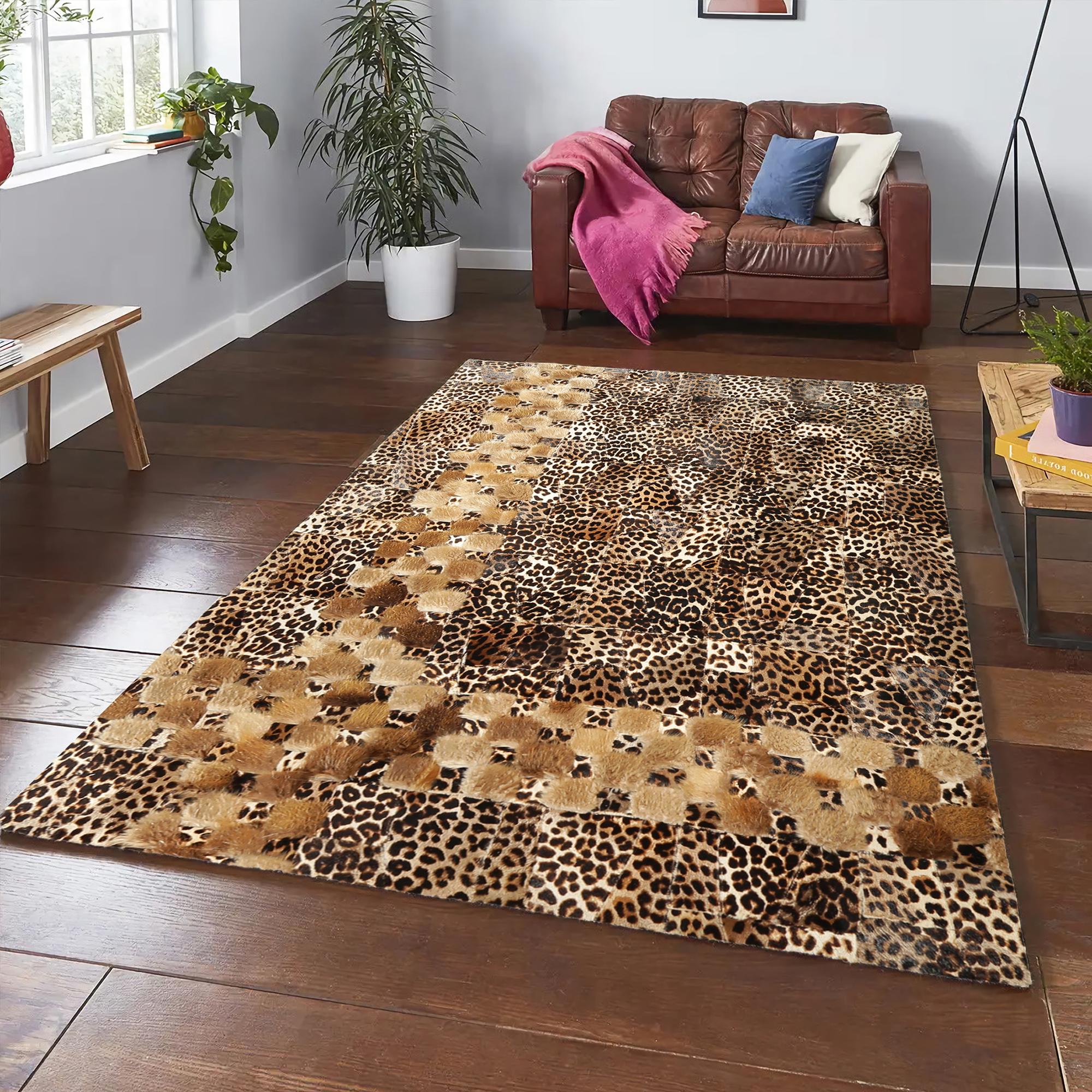 Leopar Desenli Gerçek Kürk Patchwork Halı