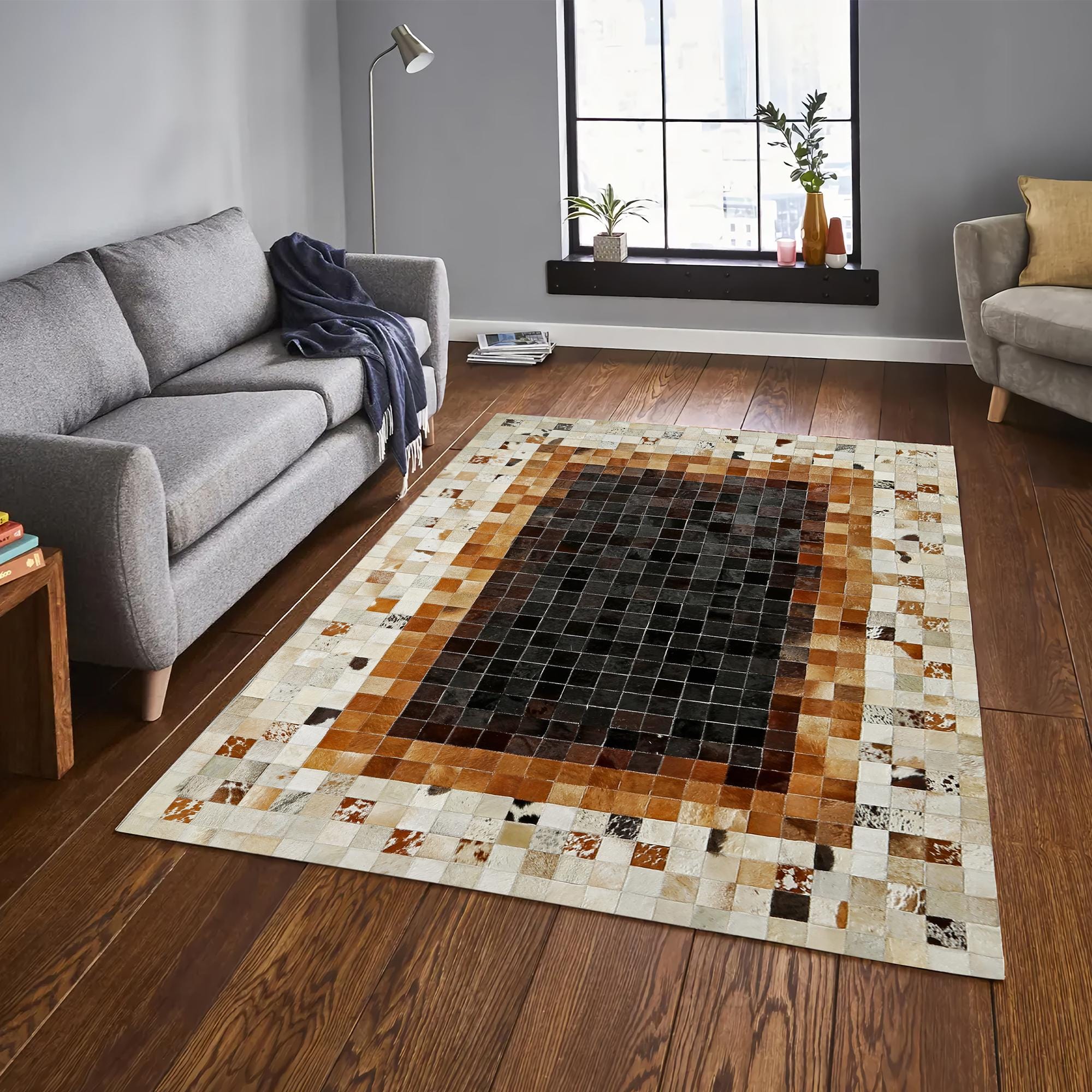 El Dokuma Gerçek Dana Derisi Halı – Kahverengi Patchwork Hakiki Deri Salon Halısı