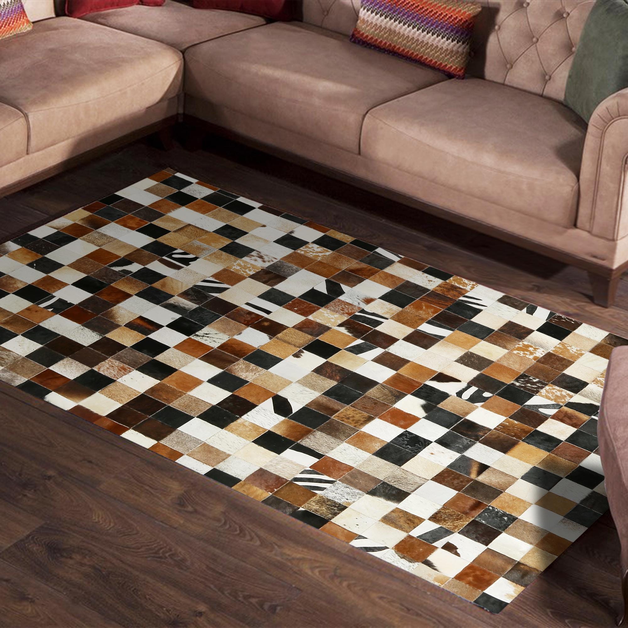 Çok Renkli El Yapımı Dana Derisi Halı – Hakiki Deri Patchwork Tasarım