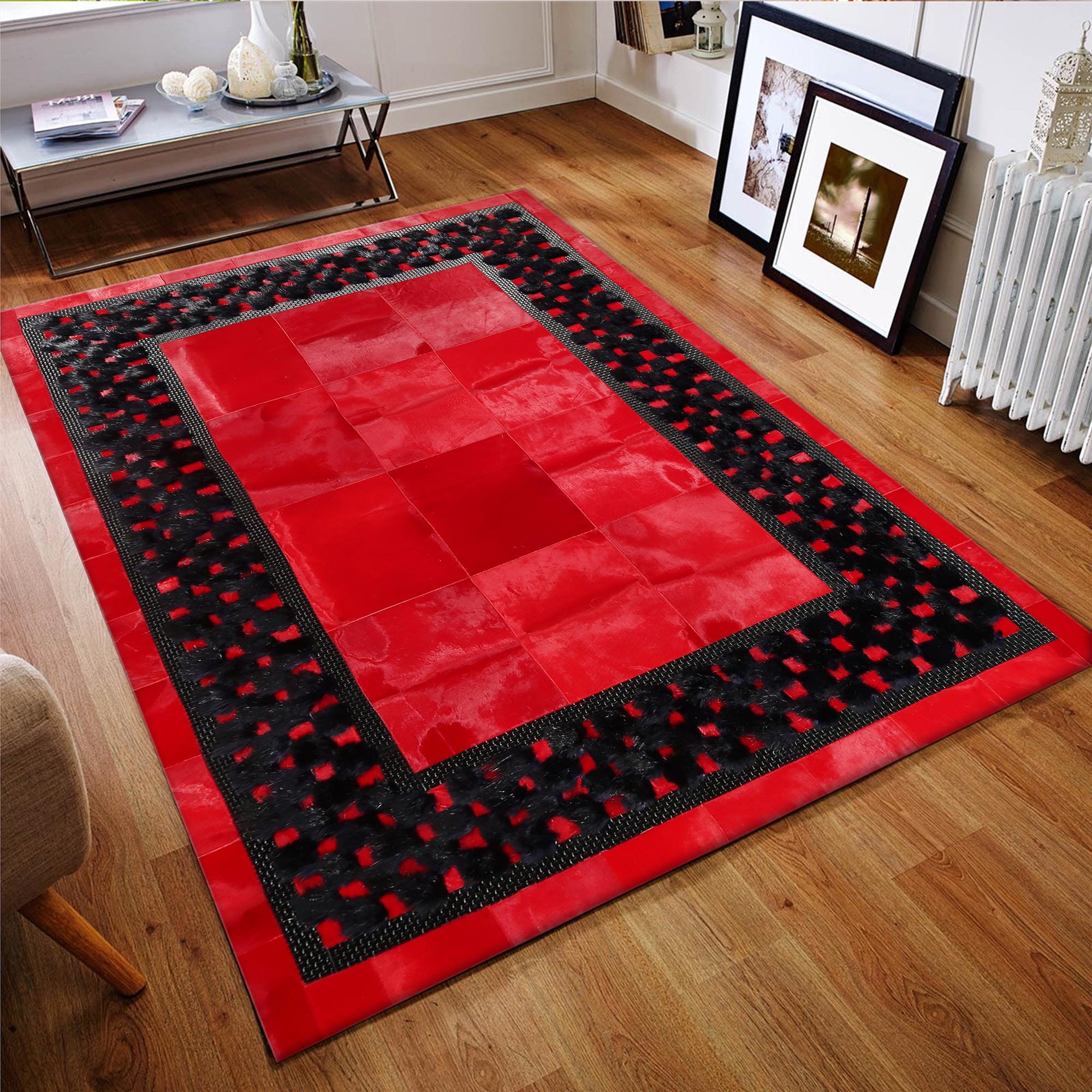 Kırmızı Siyah Hakiki Dana Derisi Patchwork Halı – El Yapımı Gerçek Deri Halı