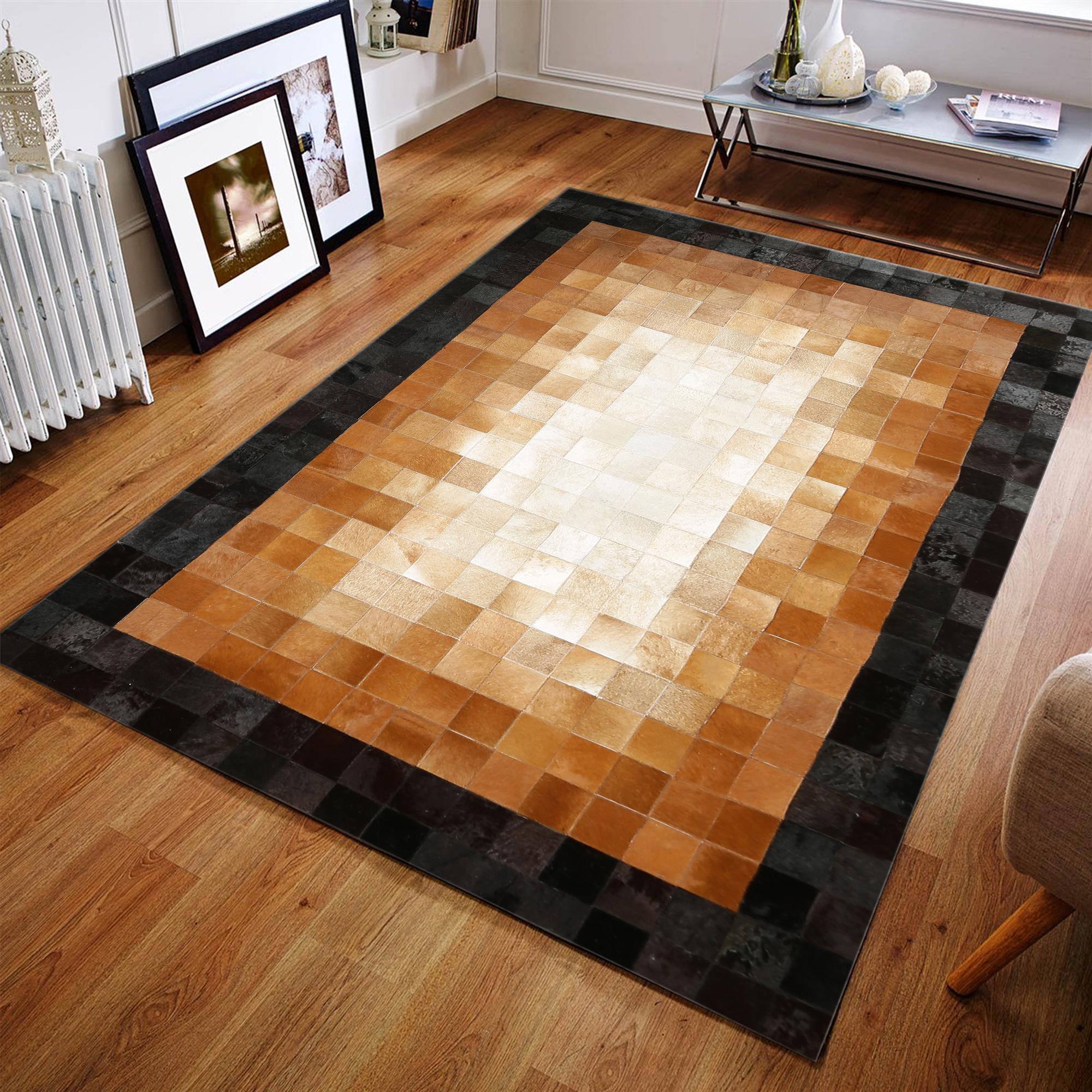 Kahverengi Bej Siyah Dana Derisi Patchwork Halı – El Dokuma Hakiki Deri Dekoratif Salon Halısı
