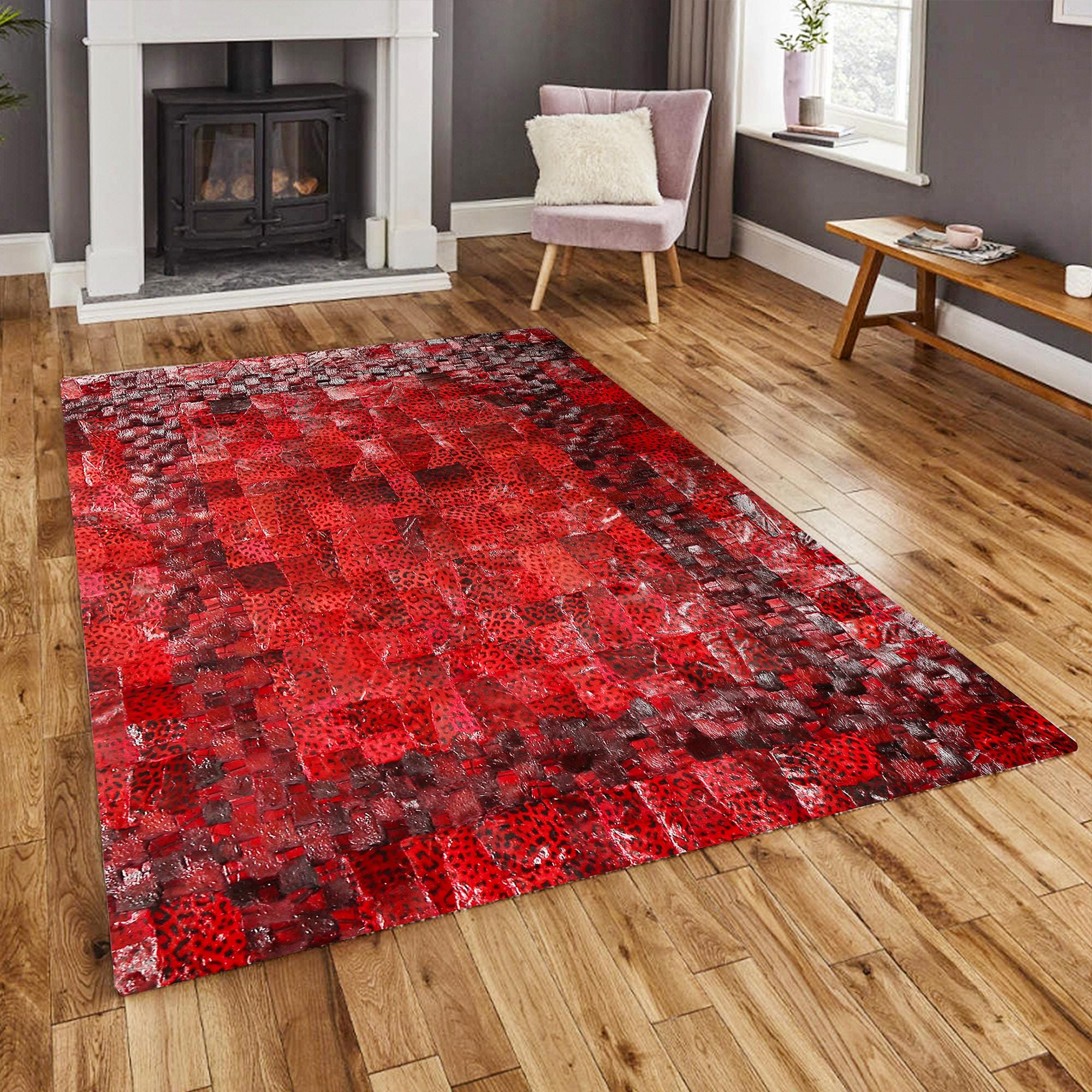 Kırmızı Leopar Desenli Gerçek Deri Patchwork Halı
