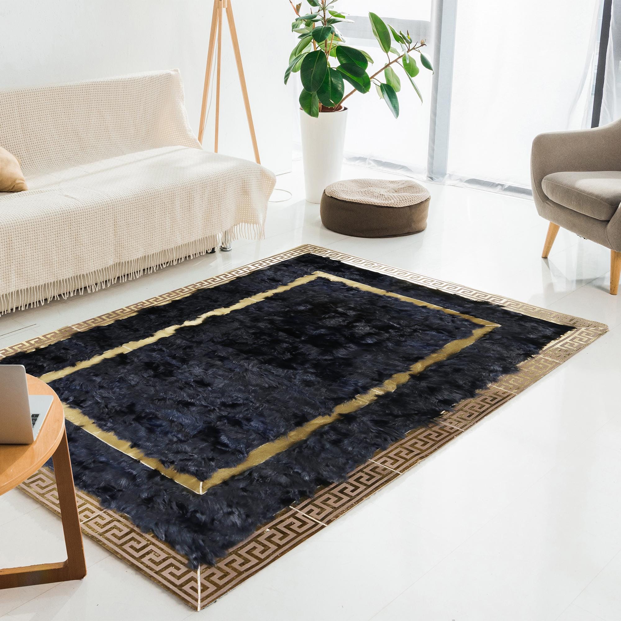 Lacivert Patchwork Toskana Derisi Halı – Altın Şeritli ve Bordürlü, El Yapımı Hakiki Deri Lüks Halı