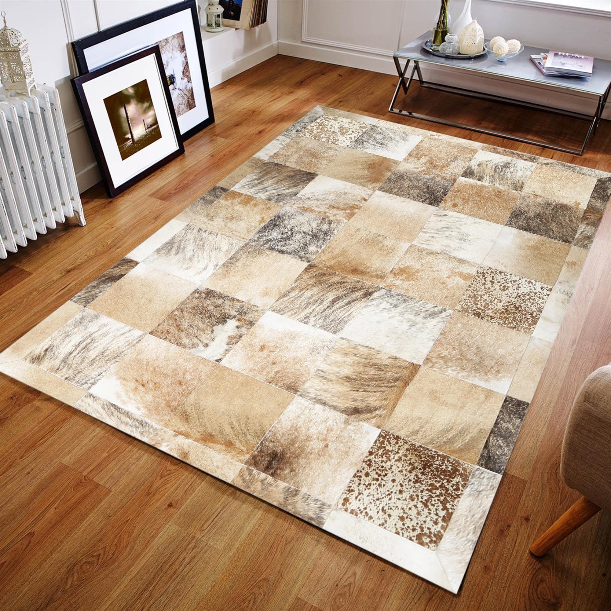 Krem Renkli Doğal Dana Derisi Patchwork Halı – El Dokuma Hakiki Deri Şık Giriş Halısı
